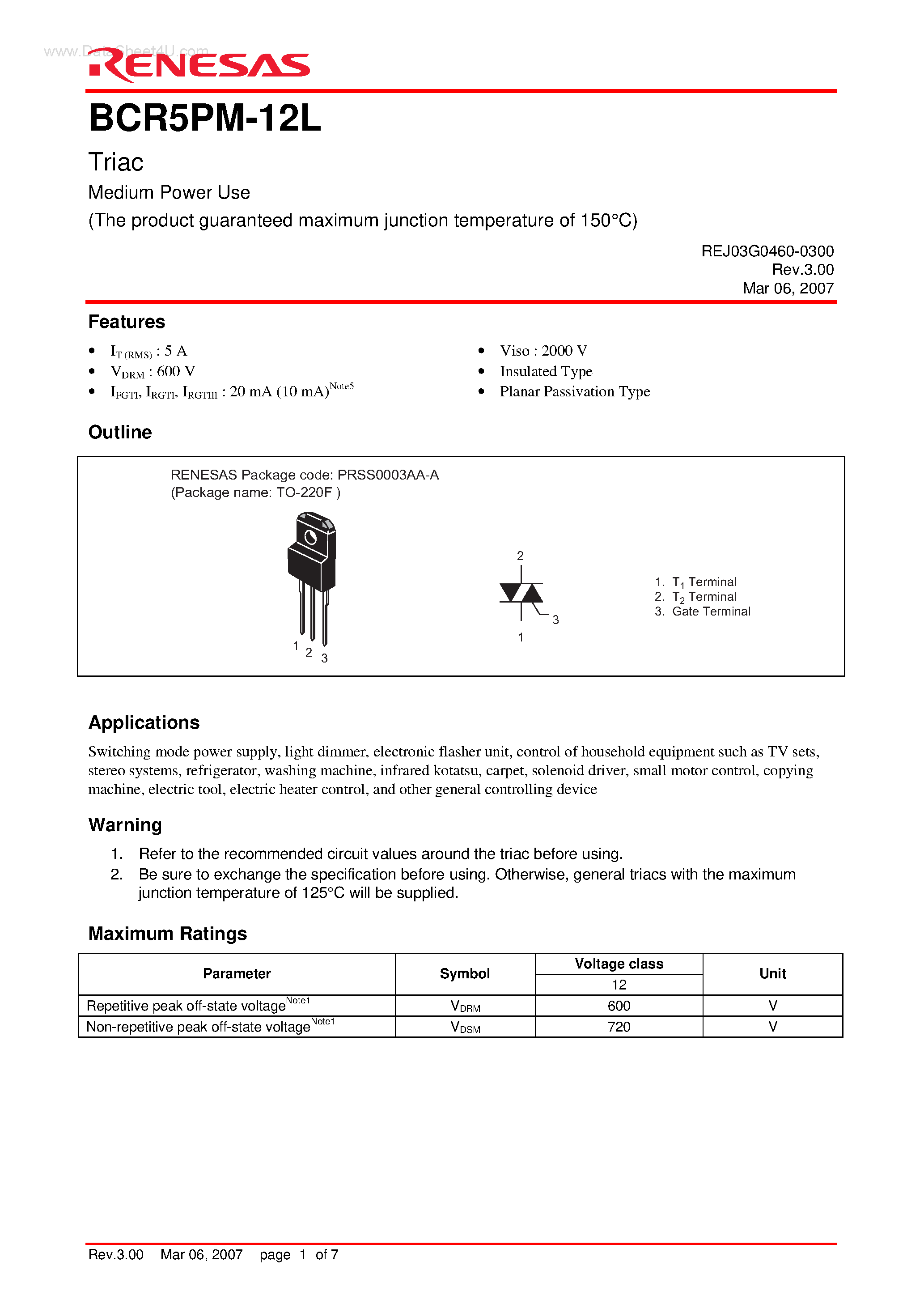 Datasheet BCR5PM-12L - Triac Medium Power Use page 1