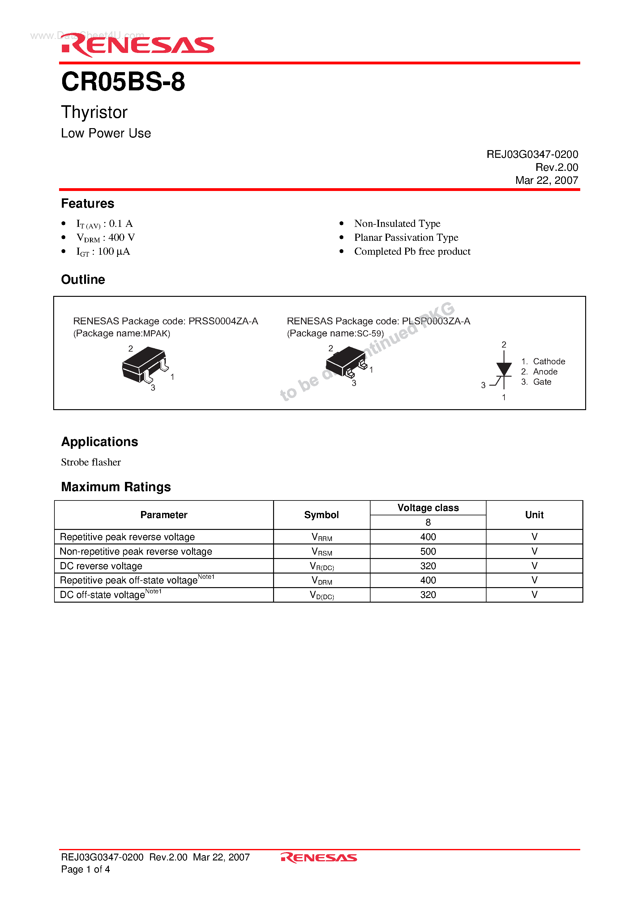 Datasheet CR05BS-8 - Thyristor Low Power Use page 1