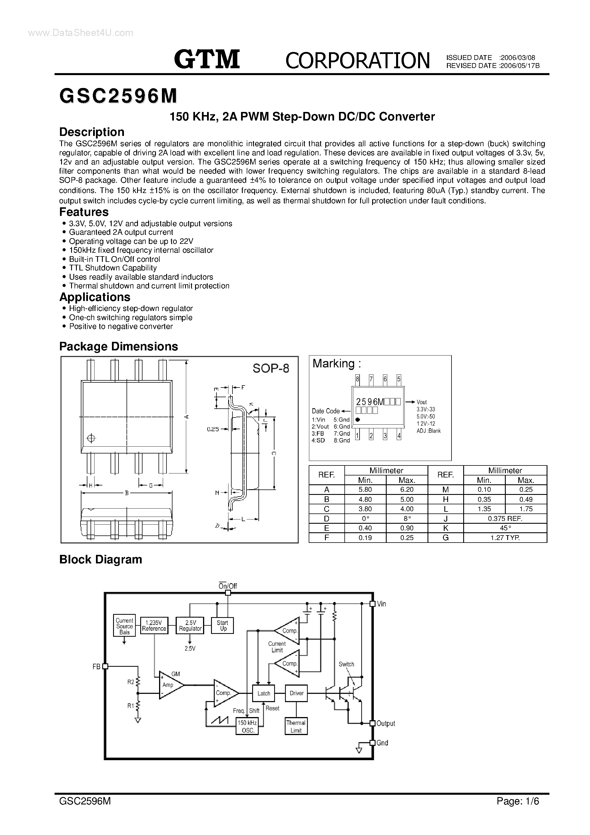 Даташит на микросхему GSC2596M страница 1 Даташит GSC2596M - 2A PWM Step-Down DC/DC Converter страница 1