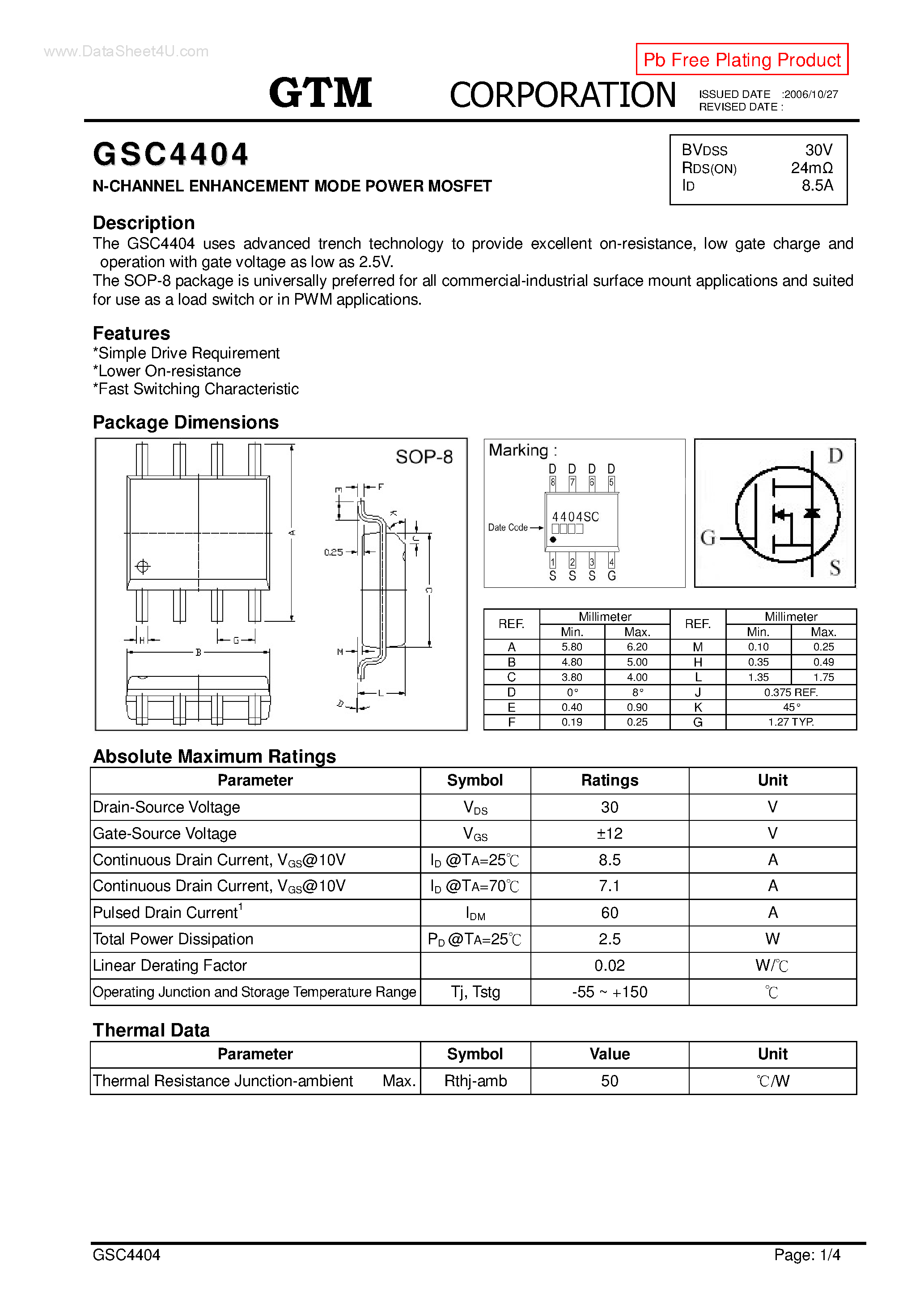 Datasheet GSC4404 page 1 Datasheet GSC4404 - N-CHANNEL ENHANCEMENT MODE POWER MOSFET page 1