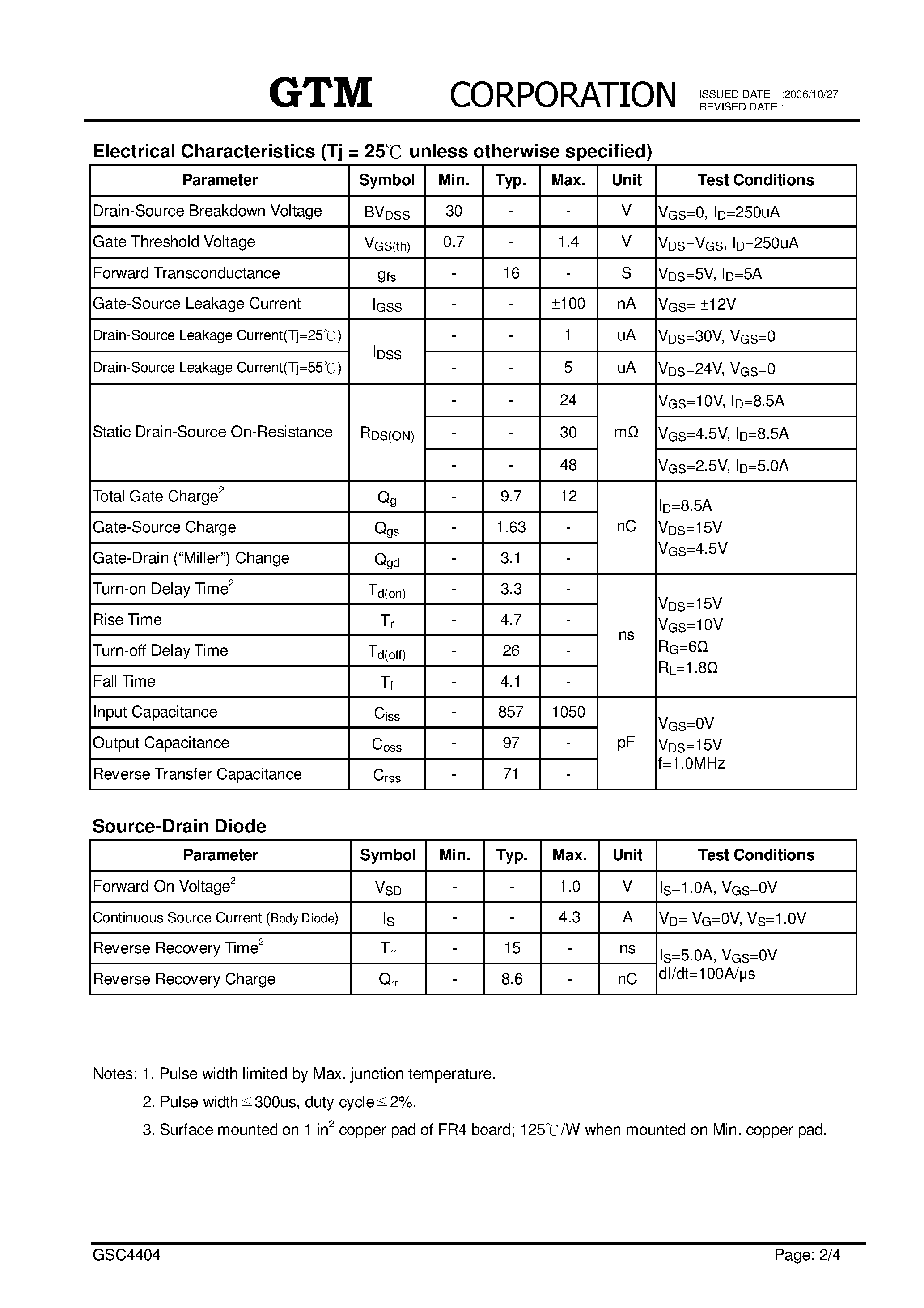 Datasheet GSC4404 page 2 Datasheet GSC4404 - N-CHANNEL ENHANCEMENT MODE POWER MOSFET page 2