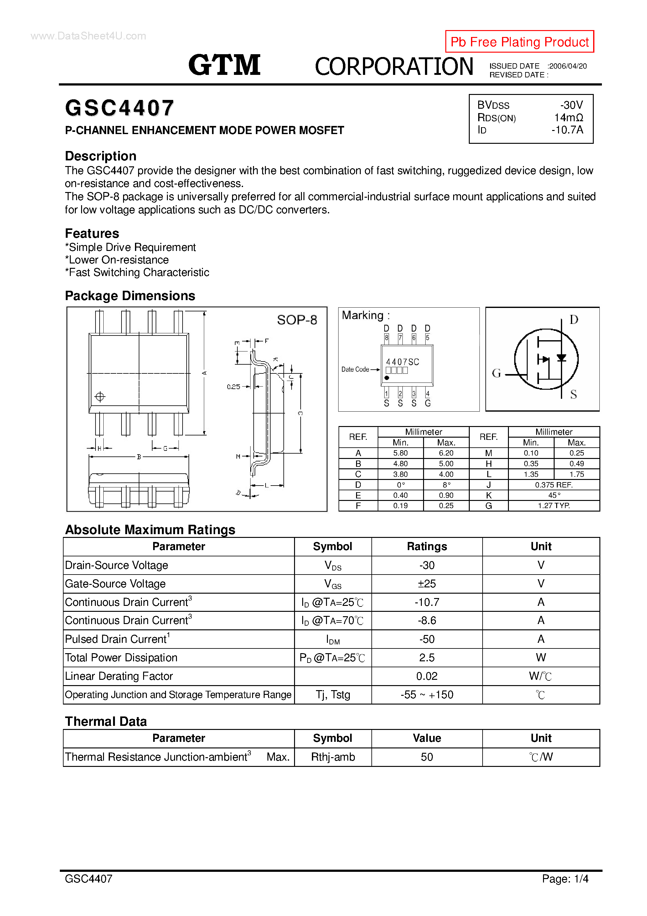 Datasheet GSC4407 page 1 Datasheet GSC4407 - P-CHANNEL ENHANCEMENT MODE POWER MOSFET page 1