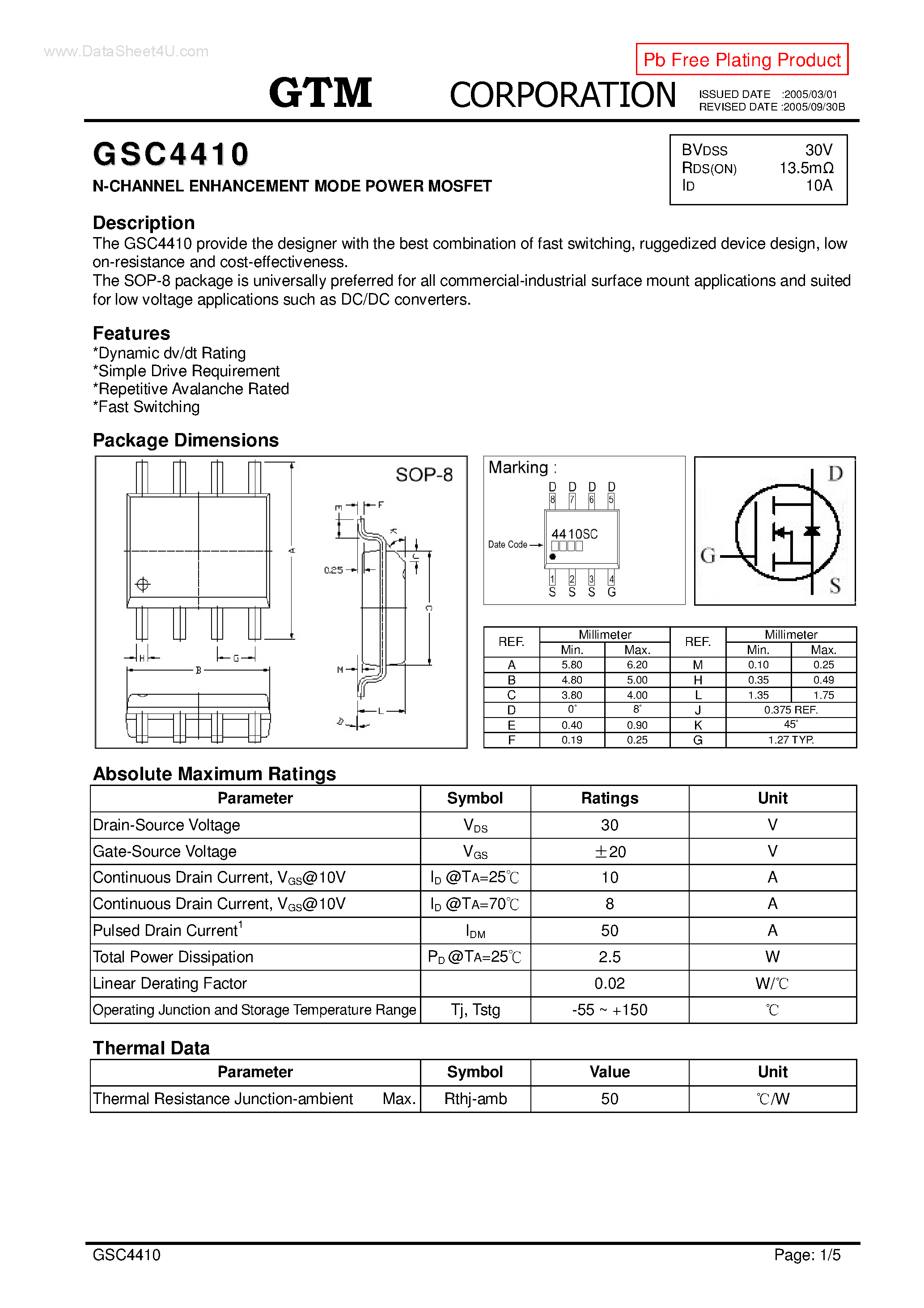 Datasheet GSC4410 page 1 Datasheet GSC4410 - N-CHANNEL ENHANCEMENT MODE POWER MOSFET page 1