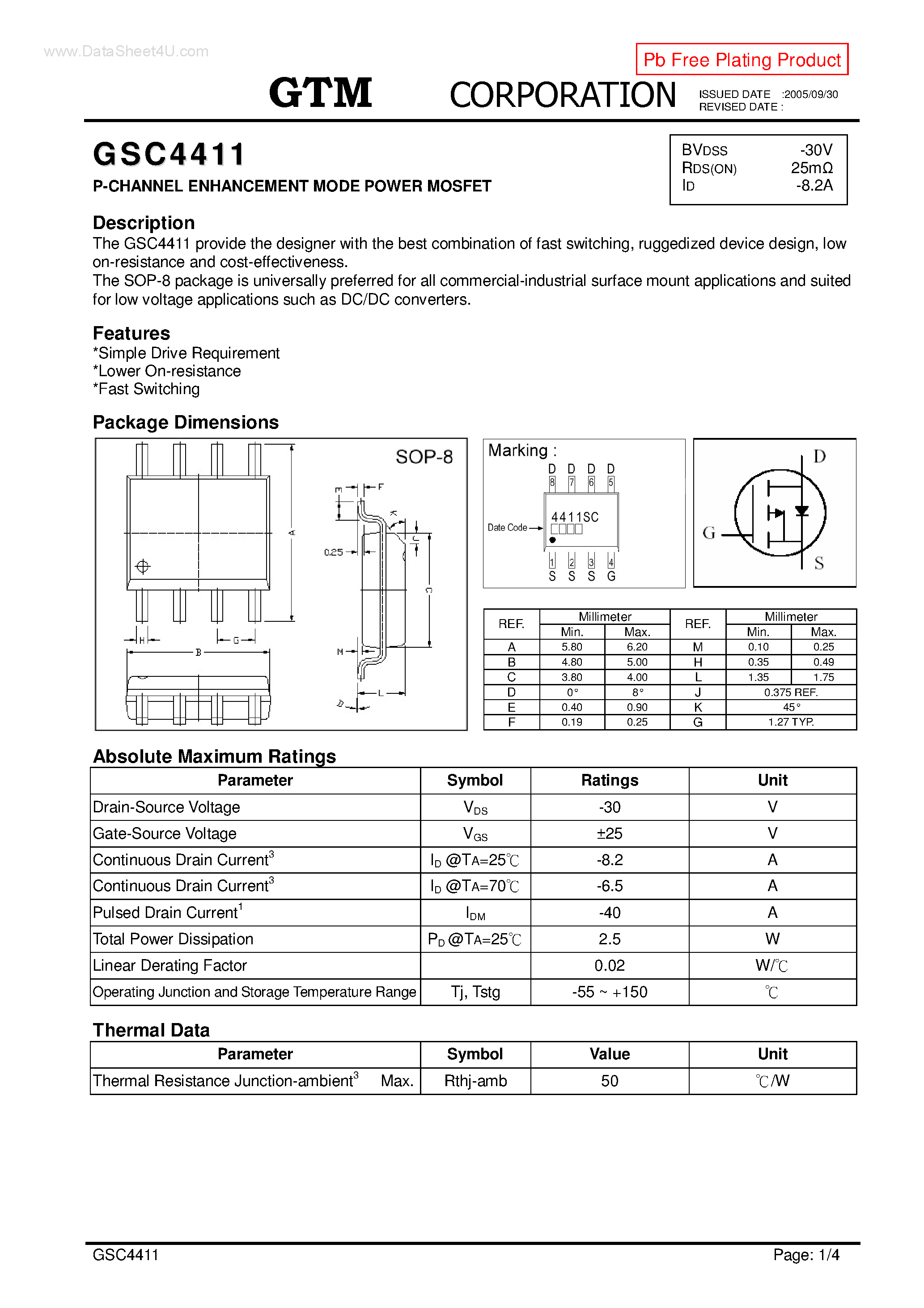 Datasheet GSC4411 - P-CHANNEL ENHANCEMENT MODE POWER MOSFET page 1