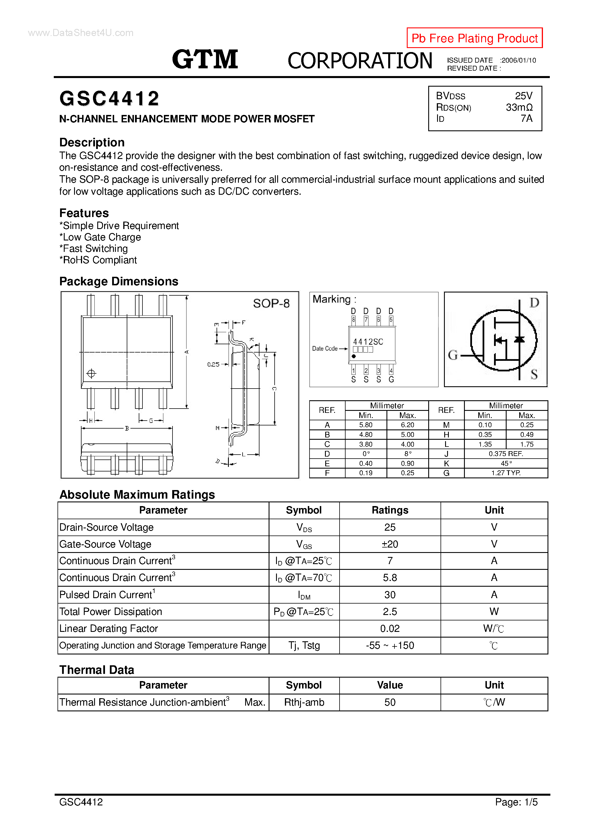 Datasheet GSC4412 page 1 Datasheet GSC4412 - N-CHANNEL ENHANCEMENT MODE POWER MOSFET page 1