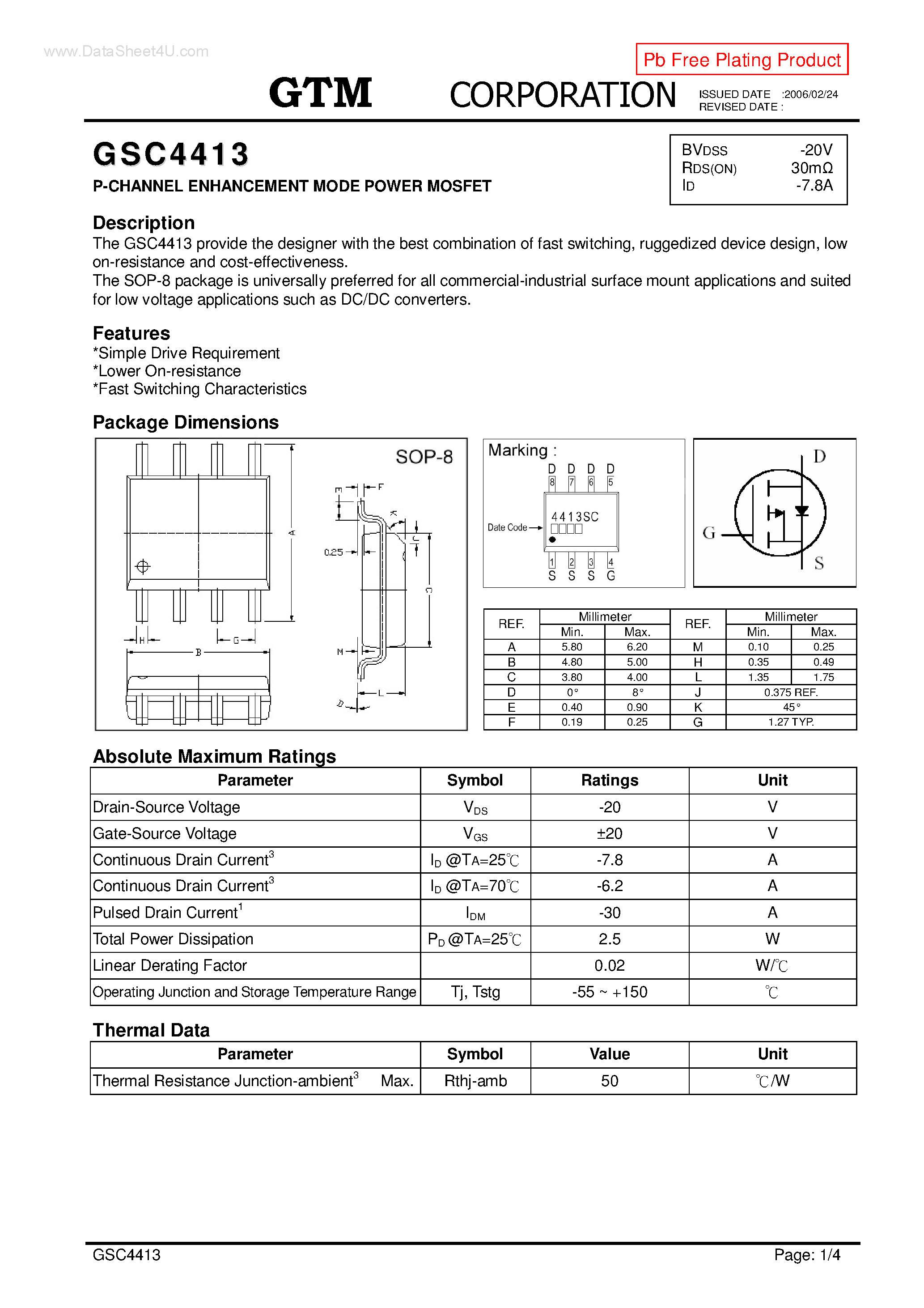Datasheet GSC4413 - P-CHANNEL ENHANCEMENT MODE POWER MOSFET page 1