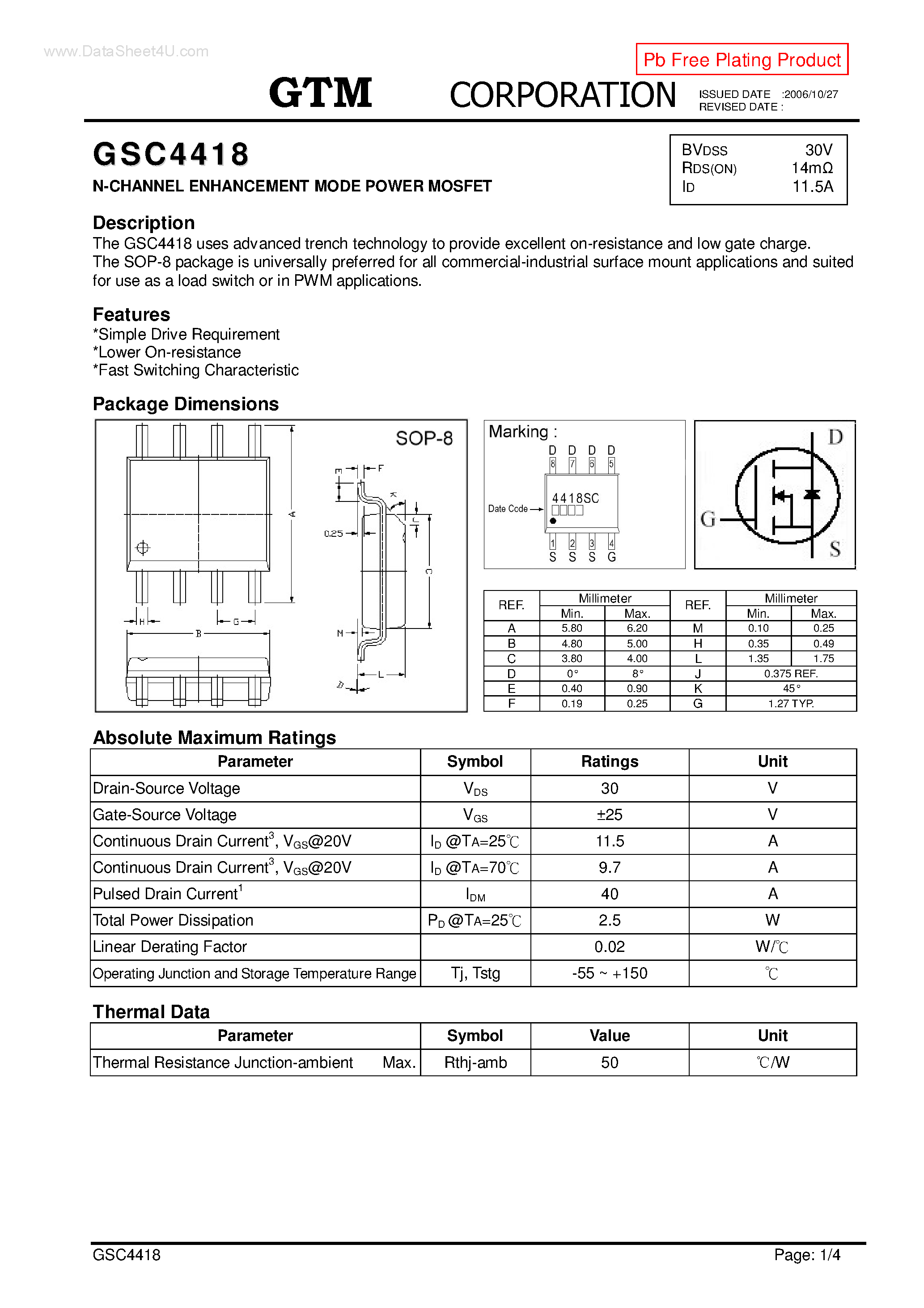 Datasheet GSC4418 page 1 Datasheet GSC4418 - N-CHANNEL ENHANCEMENT MODE POWER MOSFET page 1