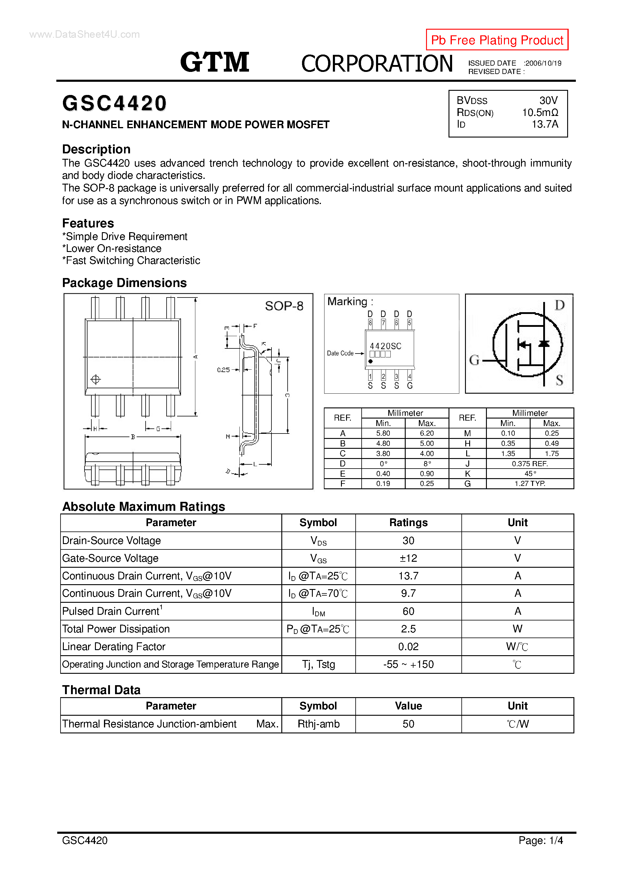 Datasheet GSC4420 - N-CHANNEL ENHANCEMENT MODE POWER MOSFET page 1