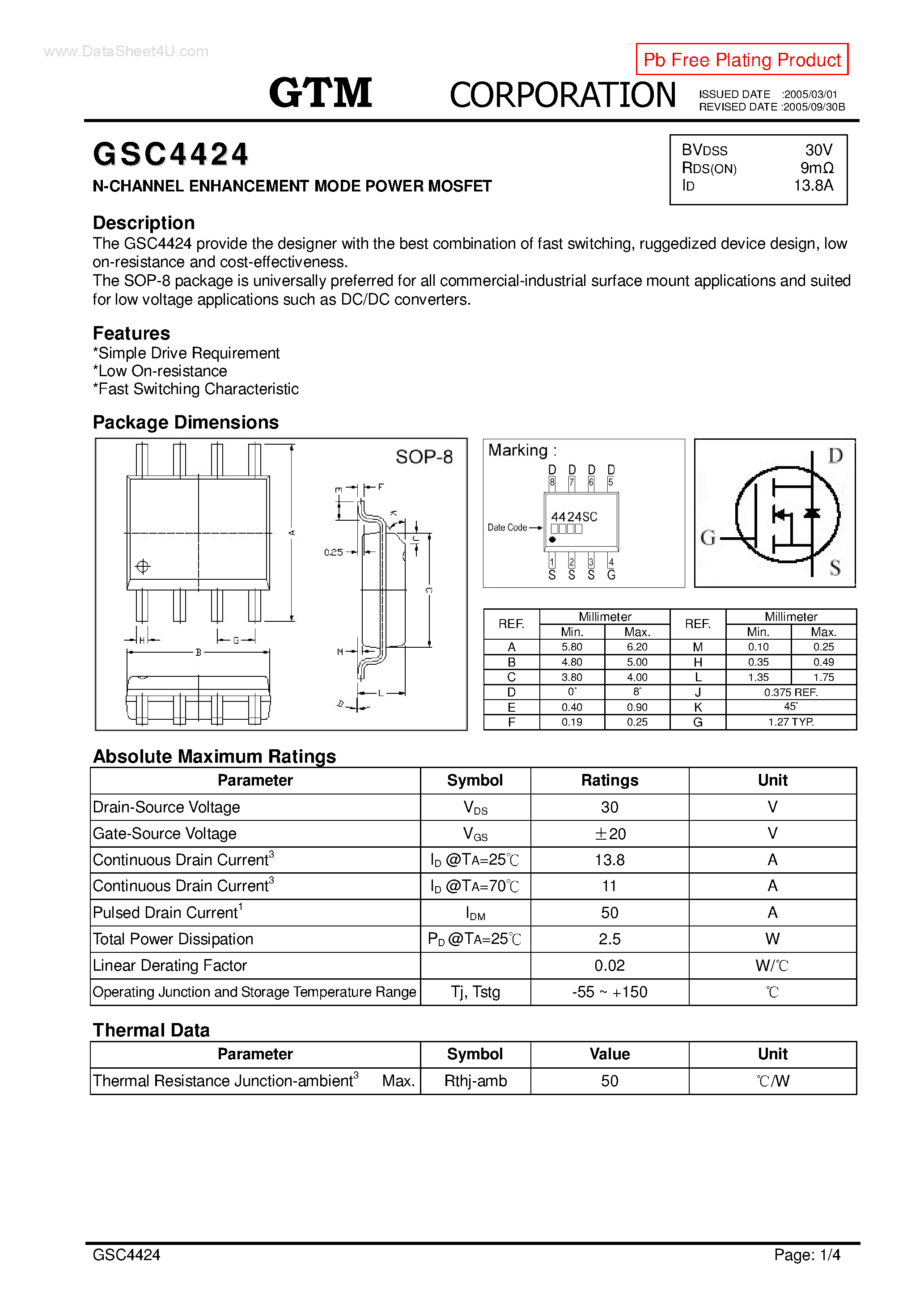 Datasheet GSC4424 page 1 Datasheet GSC4424 - N-CHANNEL ENHANCEMENT MODE POWER MOSFET page 1