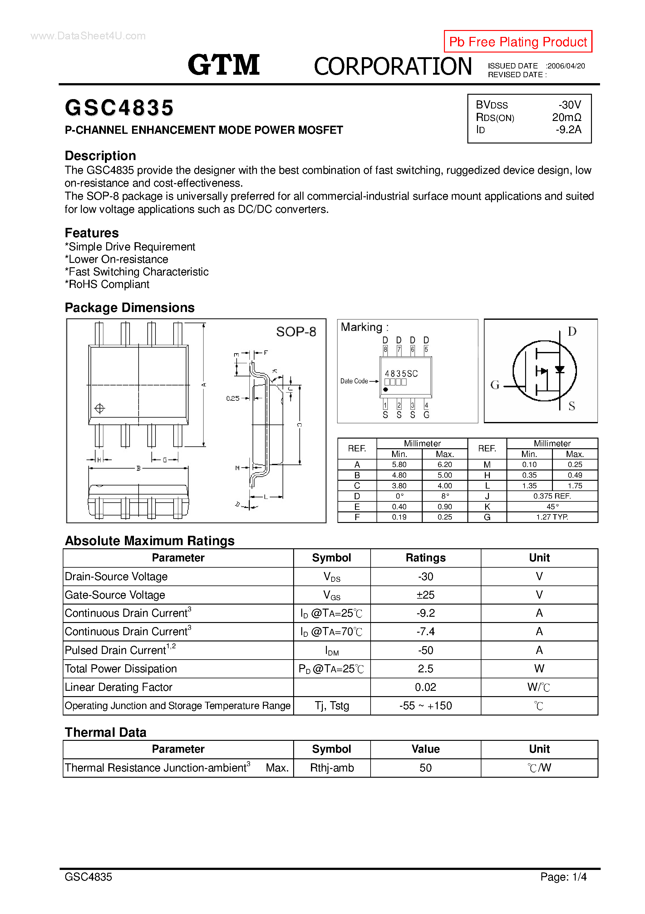 Datasheet GSC4835 - P-CHANNEL ENHANCEMENT MODE POWER MOSFET page 1