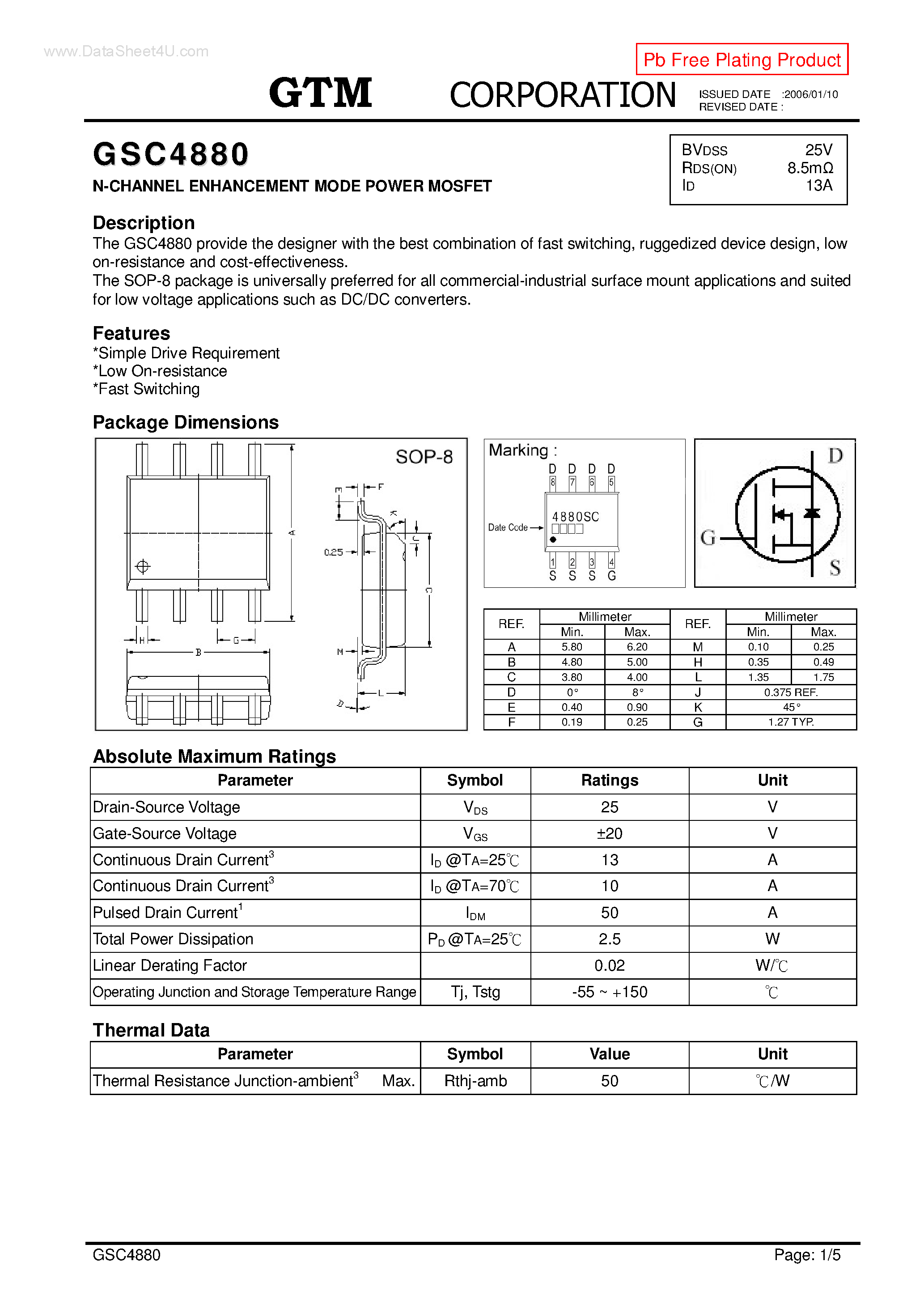 Datasheet GSC4880 - N-CHANNEL ENHANCEMENT MODE POWER MOSFET page 1