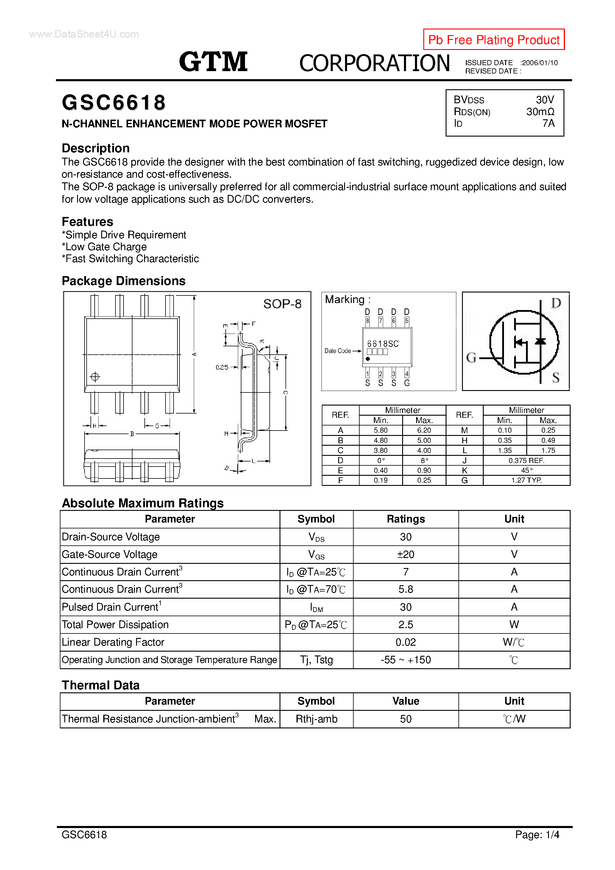 Datasheet GSC6618 page 1 Datasheet GSC6618 - N-CHANNEL ENHANCEMENT MODE POWER MOSFET page 1