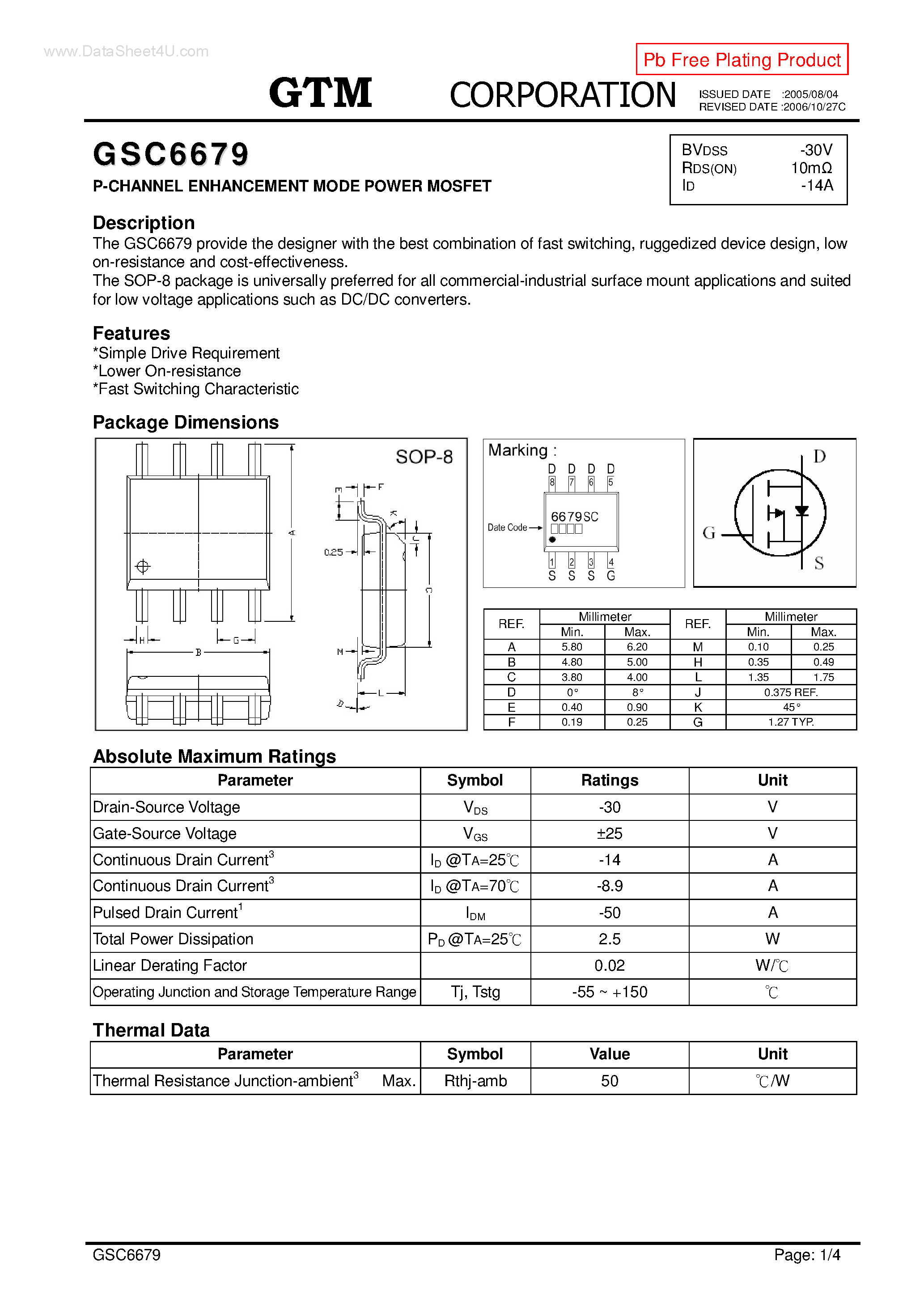 Datasheet GSC6679 page 1 Datasheet GSC6679 - P-CHANNEL ENHANCEMENT MODE POWER MOSFET page 1