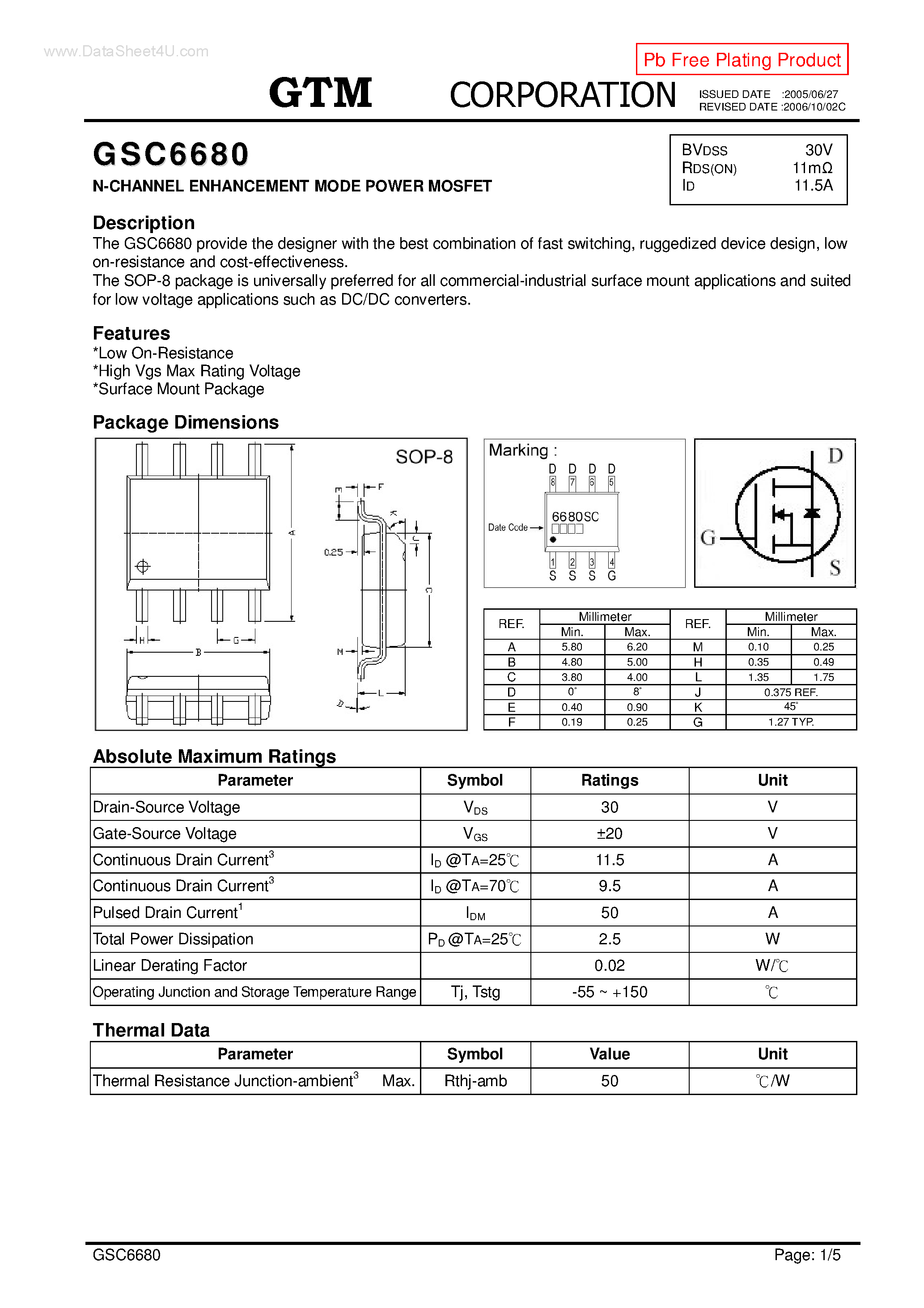 Datasheet GSC6680 - N-CHANNEL ENHANCEMENT MODE POWER MOSFET page 1