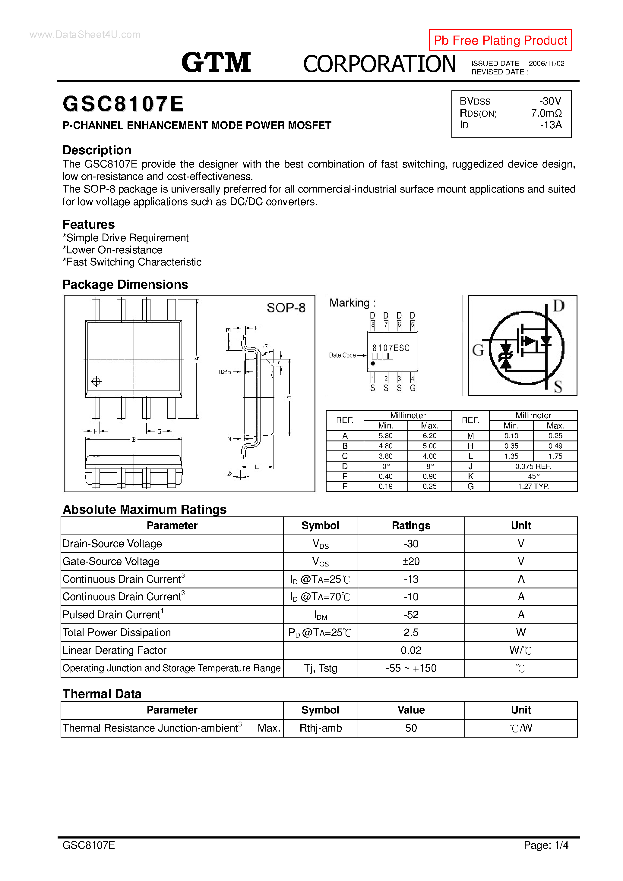 Datasheet GSC8107E page 1 Datasheet GSC8107E - P-CHANNEL ENHANCEMENT MODE POWER MOSFET page 1