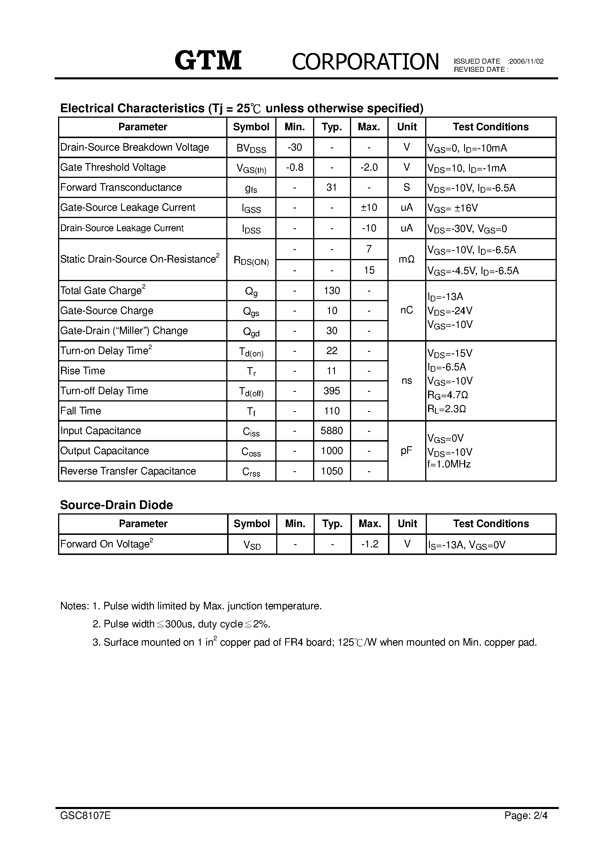Datasheet GSC8107E page 2 Datasheet GSC8107E - P-CHANNEL ENHANCEMENT MODE POWER MOSFET page 2