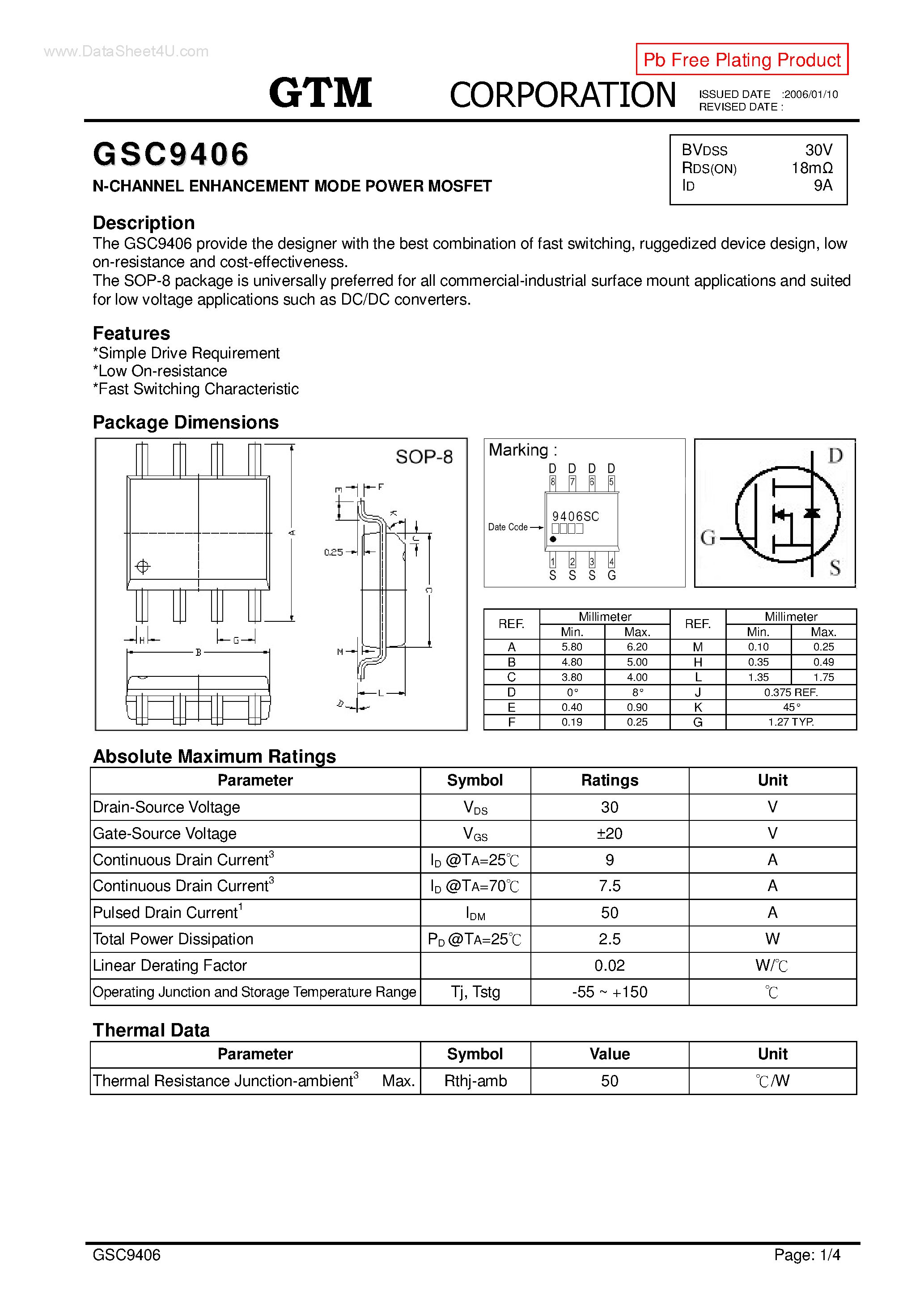 Datasheet GSC9406 - N-CHANNEL ENHANCEMENT MODE POWER MOSFET page 1