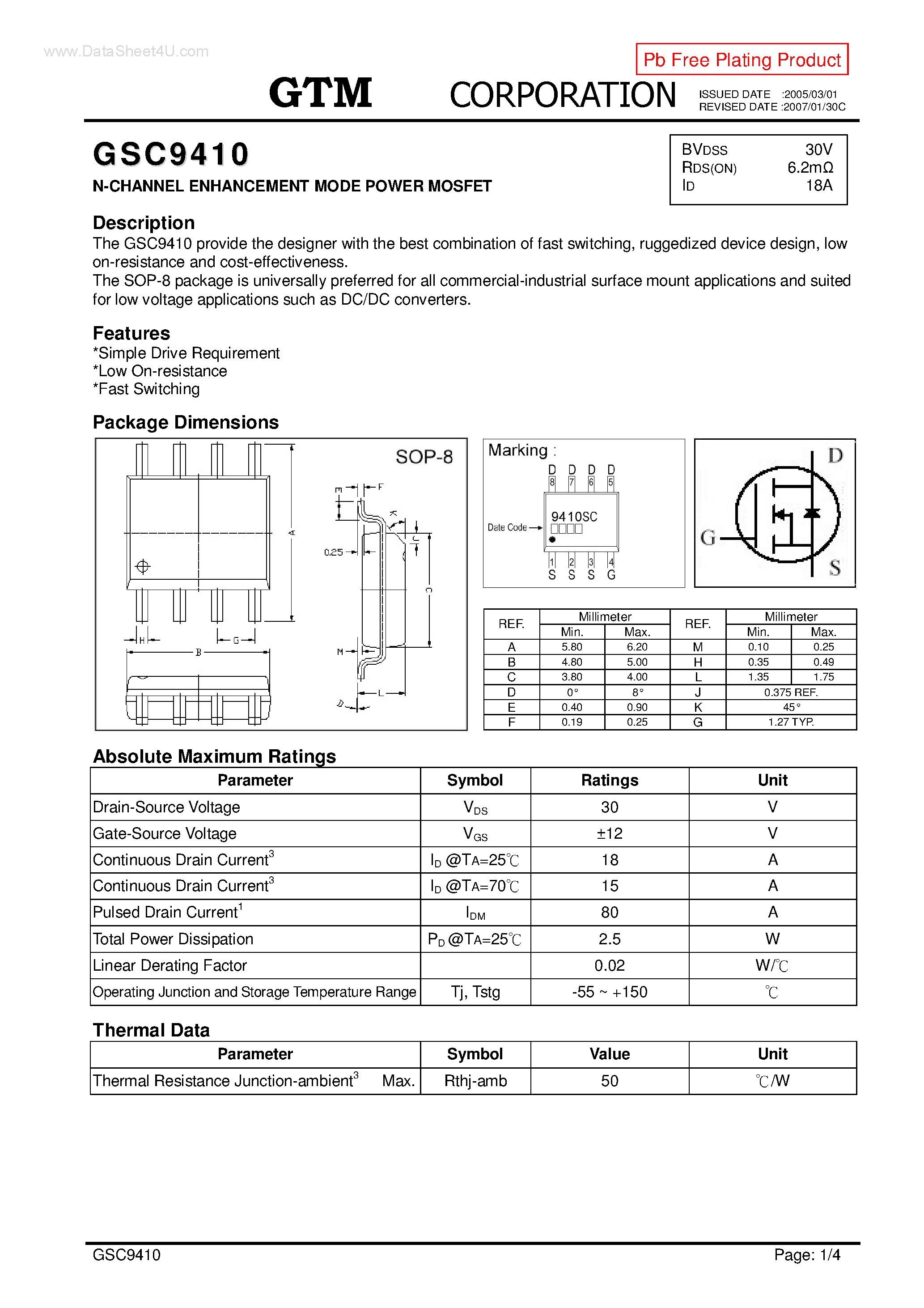 Datasheet GSC9410 page 1 Datasheet GSC9410 - N-CHANNEL ENHANCEMENT MODE POWER MOSFET page 1