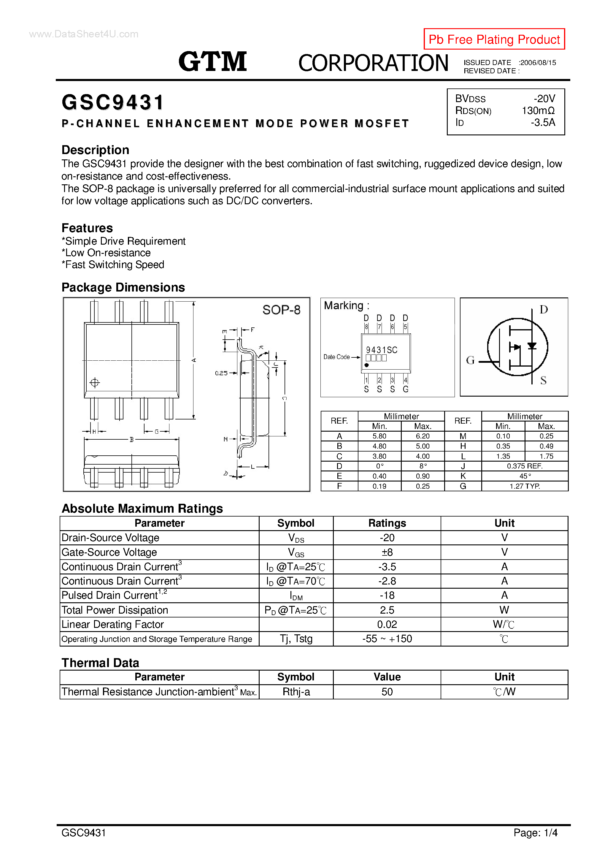 Datasheet GSC9431 page 1 Datasheet GSC9431 - P-CHANNEL ENHANCEMENT MODE POWER MOSFET page 1