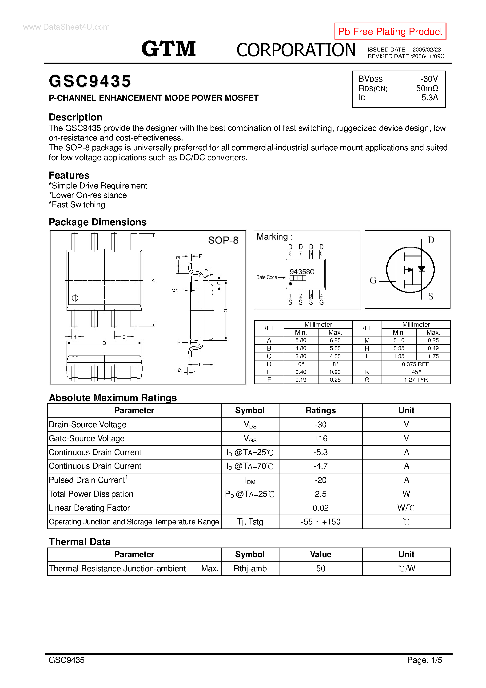 Datasheet GSC9435 - P-CHANNEL ENHANCEMENT MODE POWER MOSFET page 1