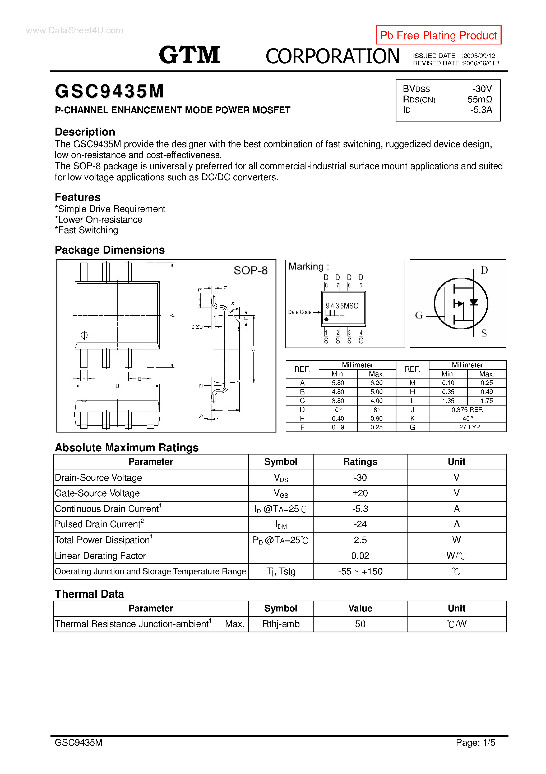Datasheet GSC9435M page 1 Datasheet GSC9435M - P-CHANNEL ENHANCEMENT MODE POWER MOSFET page 1