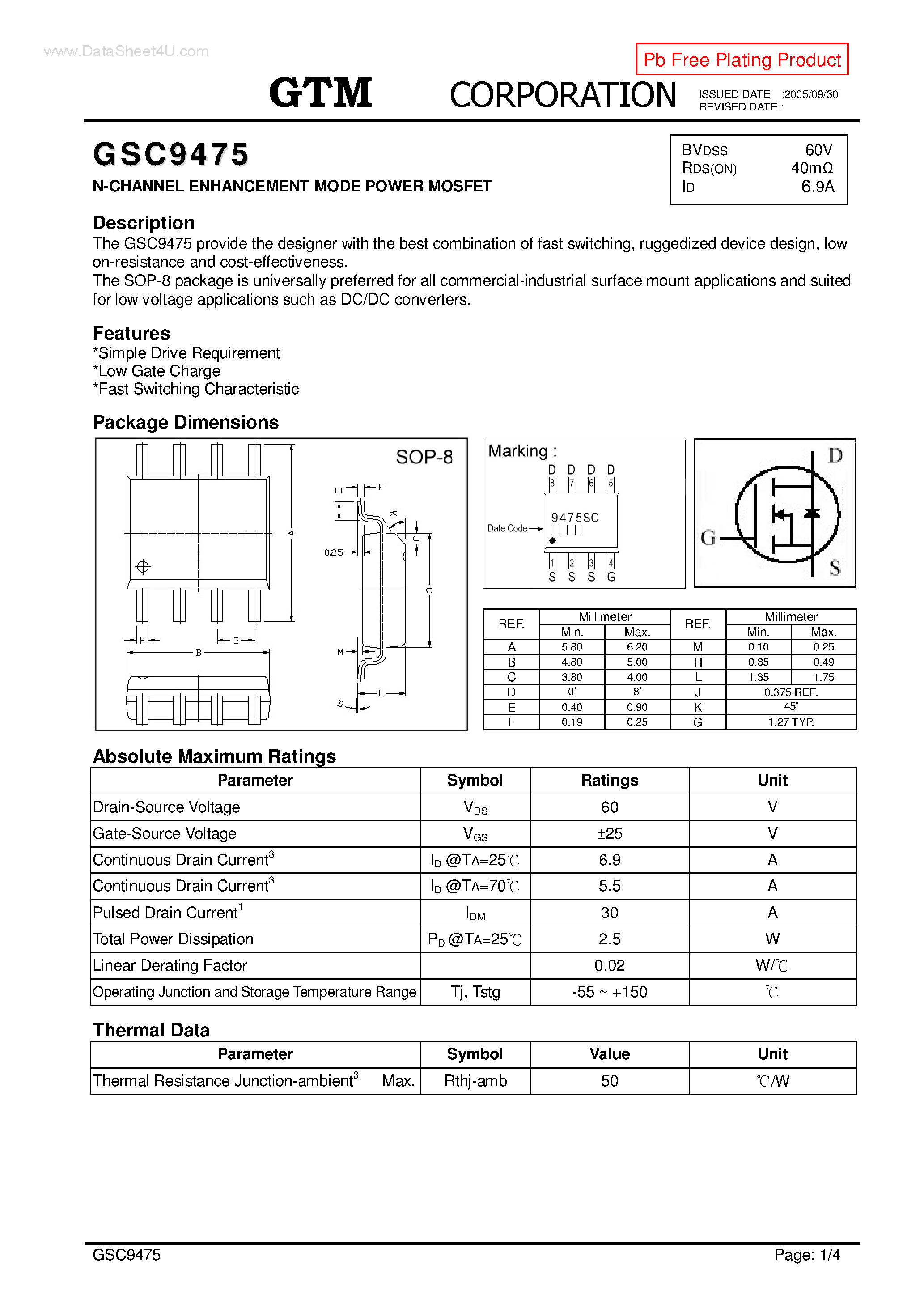 Datasheet GSC9475 page 1 Datasheet GSC9475 - N-CHANNEL ENHANCEMENT MODE POWER MOSFET page 1