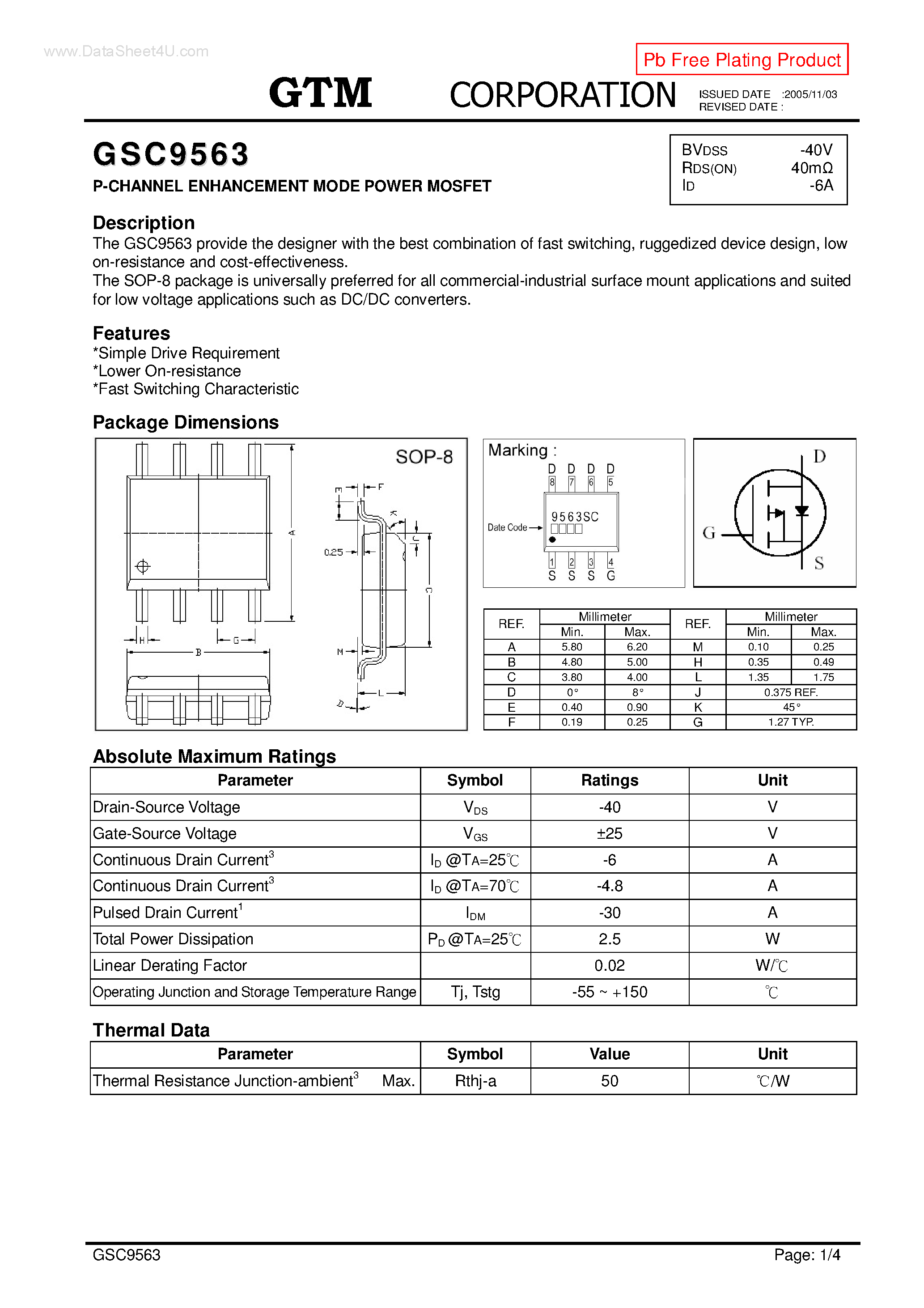 Datasheet GSC9563 page 1 Datasheet GSC9563 - P-CHANNEL ENHANCEMENT MODE POWER MOSFET page 1