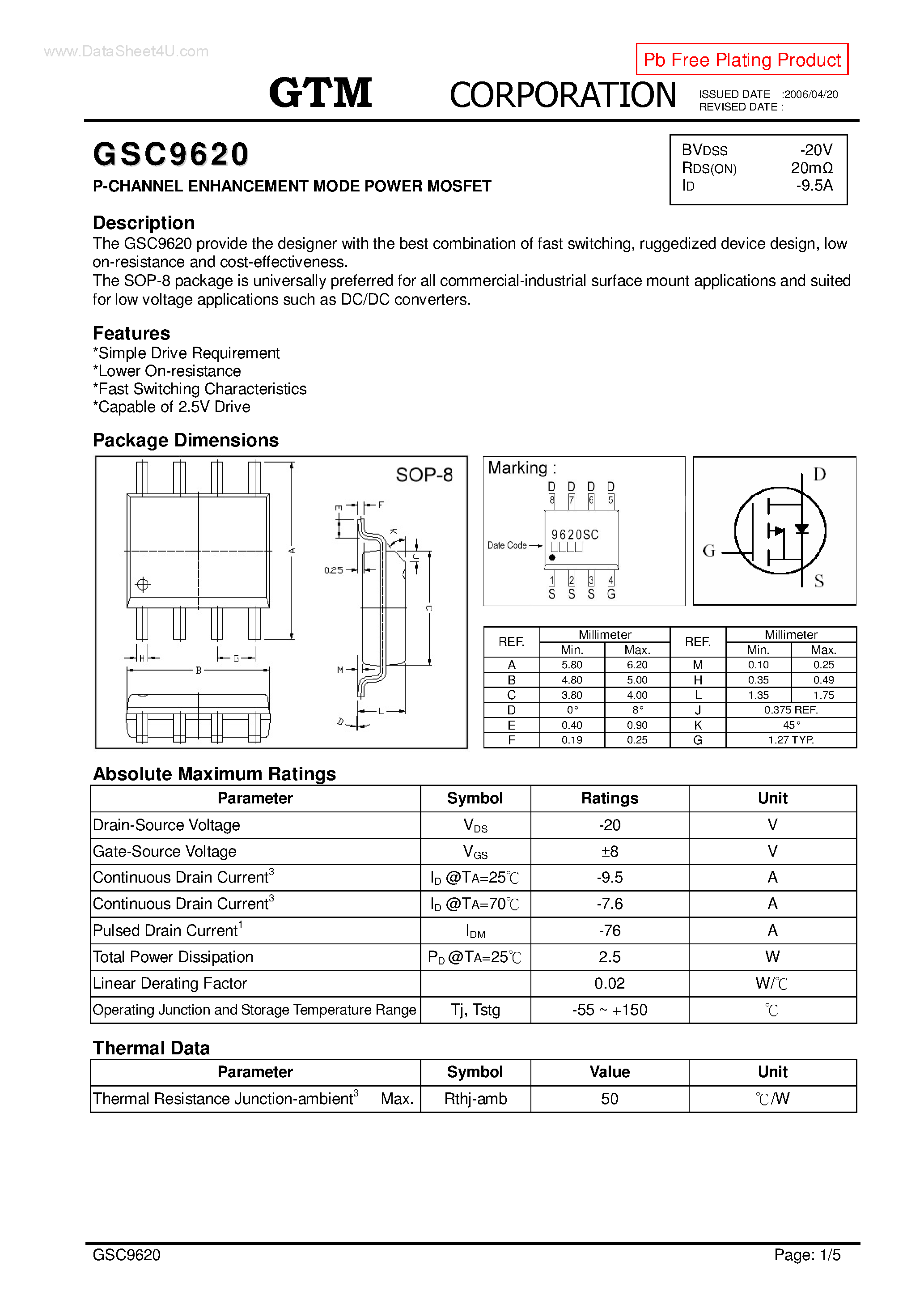 Datasheet GSC9620 - P-CHANNEL ENHANCEMENT MODE POWER MOSFET page 1