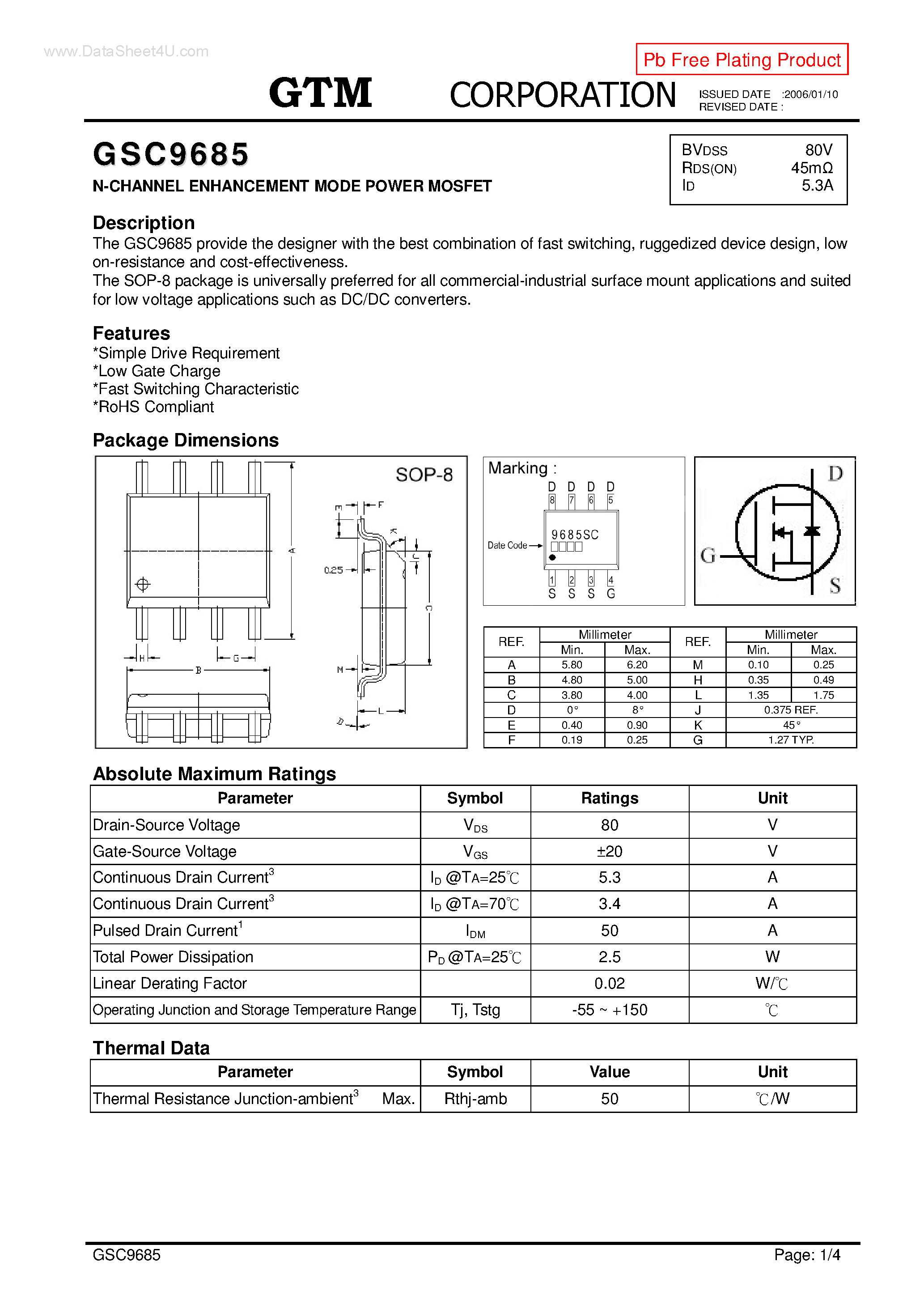Datasheet GSC9685 page 1 Datasheet GSC9685 - N-CHANNEL ENHANCEMENT MODE POWER MOSFET page 1