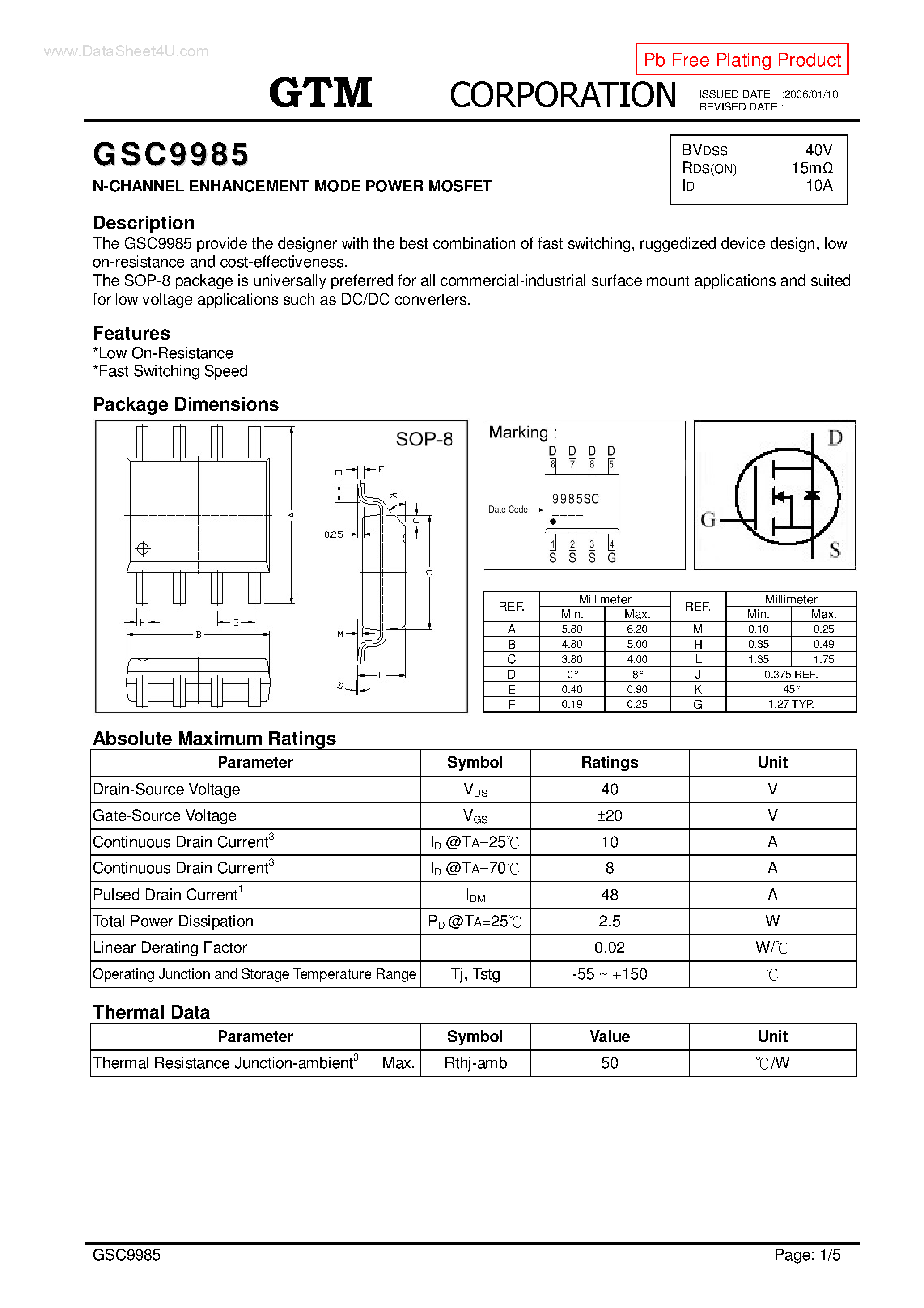 Datasheet GSC9985 - N-CHANNEL ENHANCEMENT MODE POWER MOSFET page 1