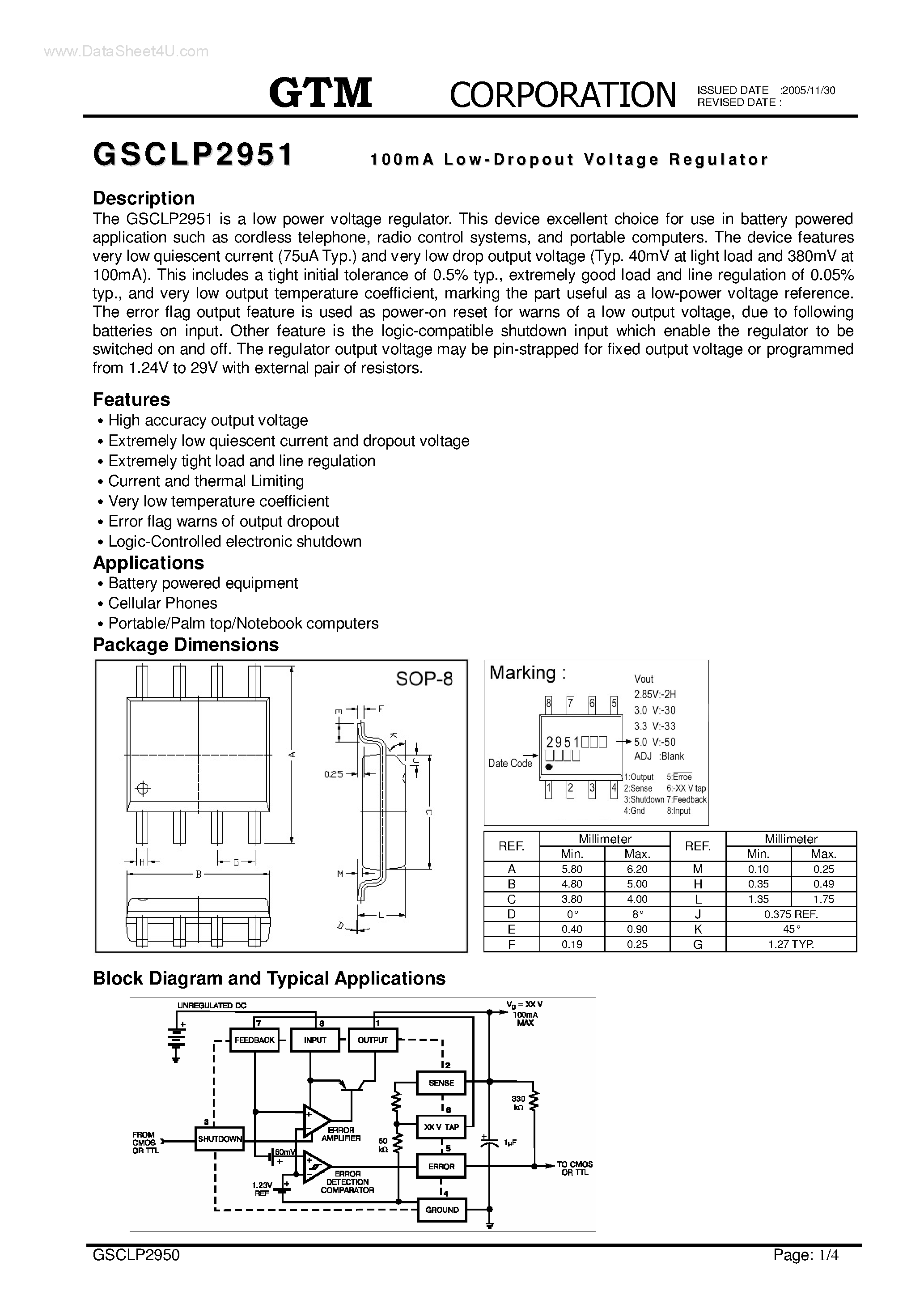 Даташит на микросхему GSCLP2951 страница 1 Даташит GSCLP2951 - 1.5A CMOS LOW DROPOUT VOLTAGE REGULATOR страница 1