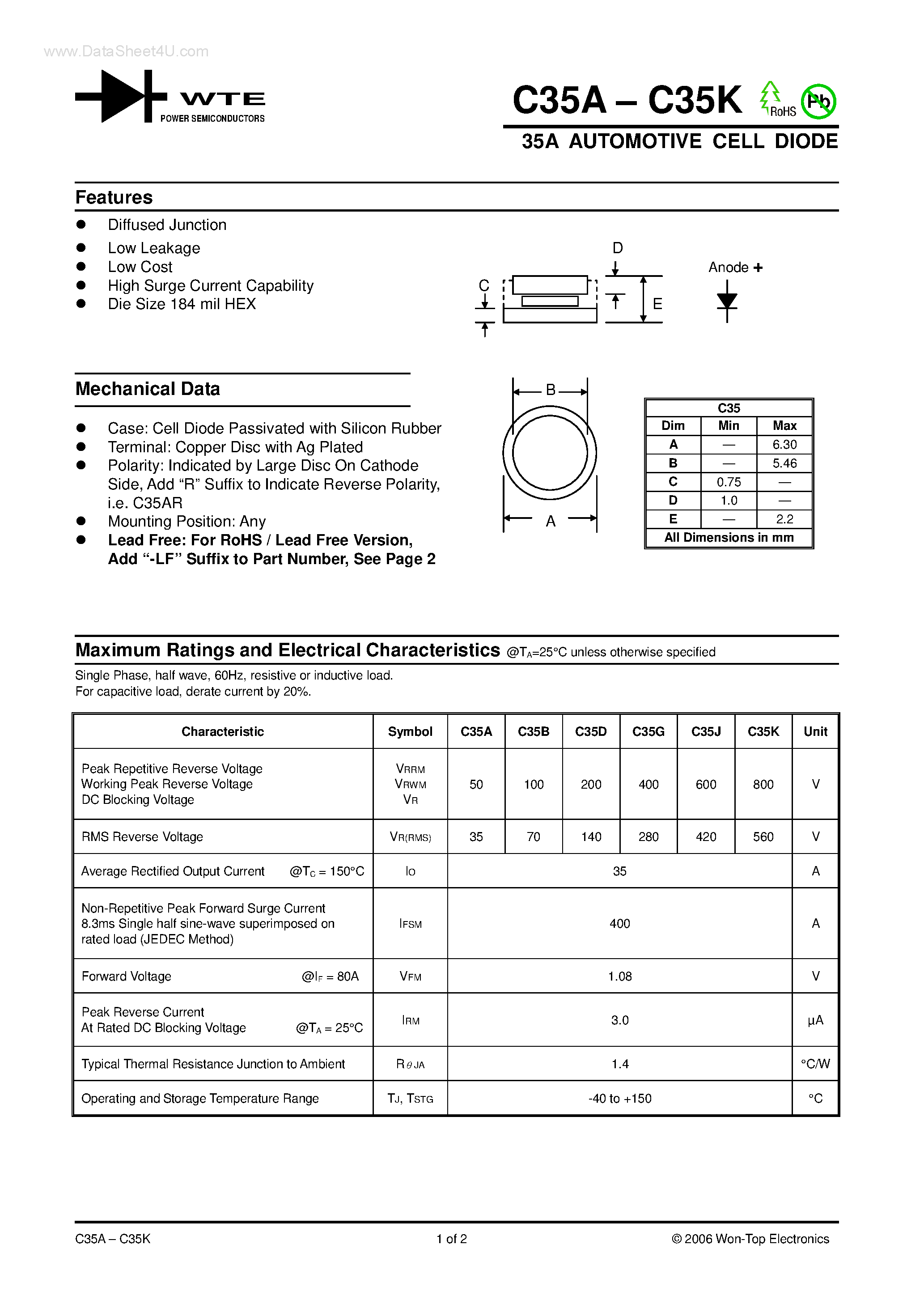Datasheet C35A - (C35A - C35K) 35A AUTOMOTIVE CELL DIODE page 1