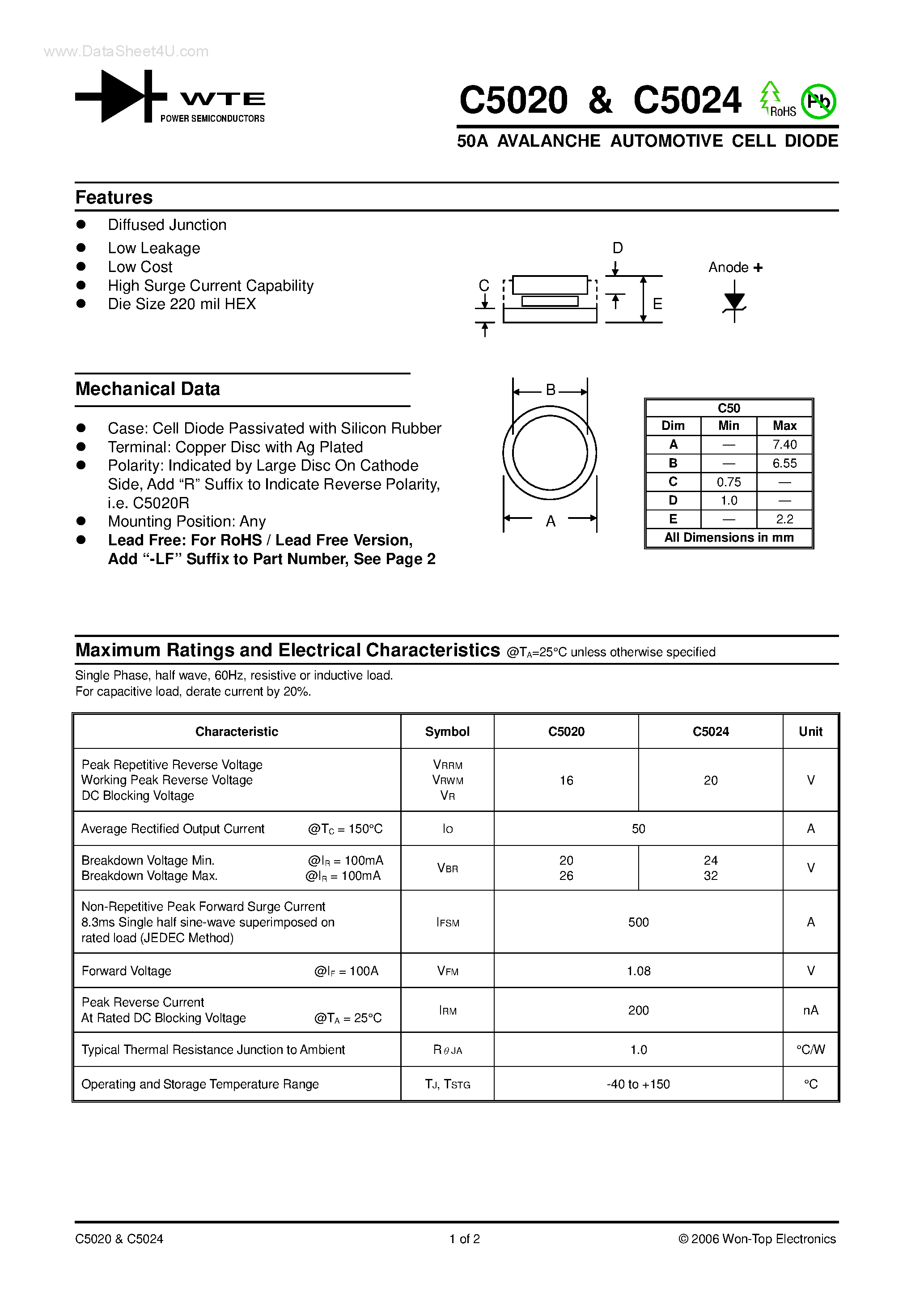 Datasheet C5020 page 1 Datasheet C5020 - (C5020 / C5024) 50A AVALANCHE AUTOMOTIVE CELL DIODE page 1