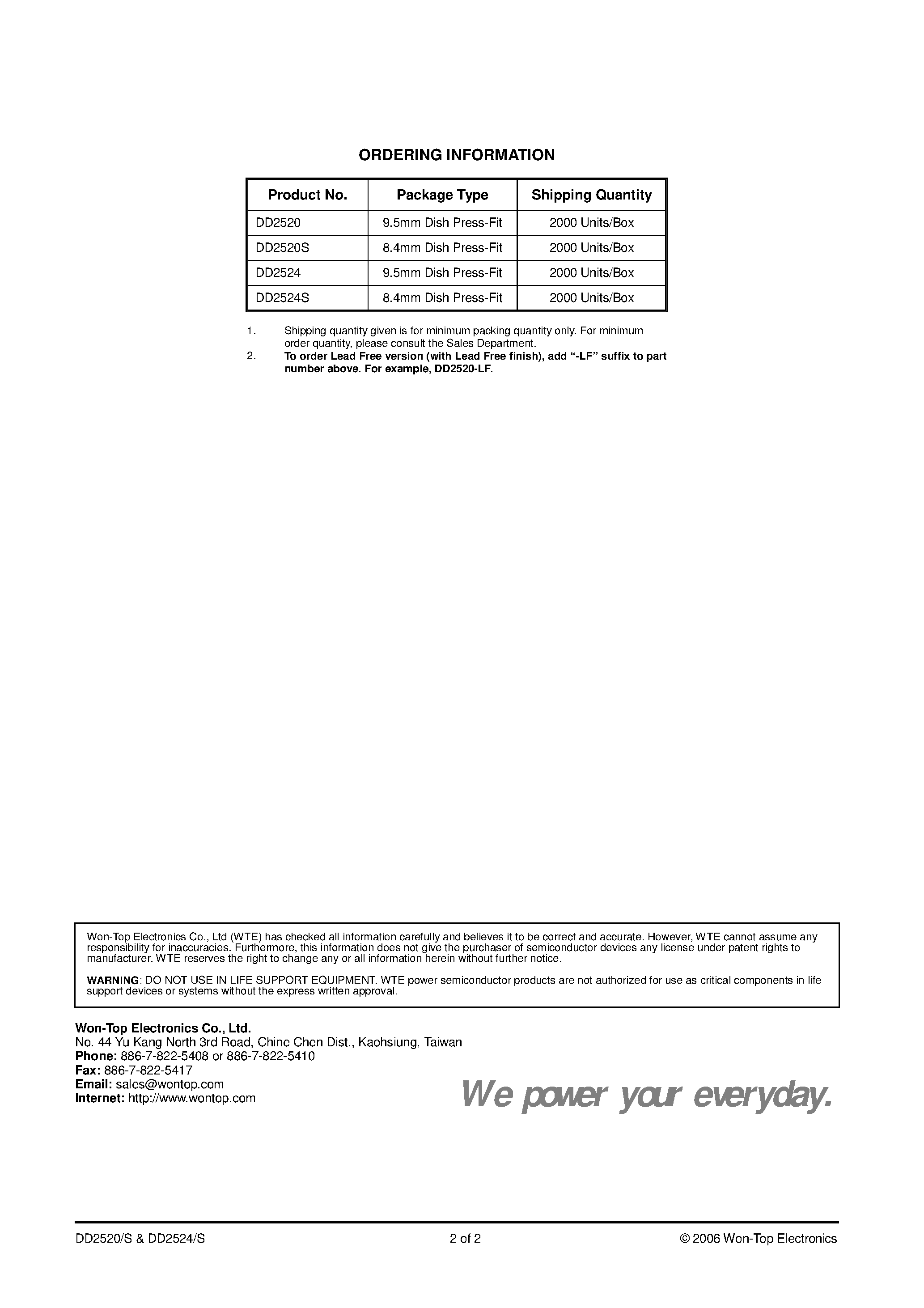 Datasheet DD2520 - (DD2520/S / DD2524/S) 25A GLASS PASSIVATED AVALANCHE DISH TYPE PRESS-FIT DIODE page 2