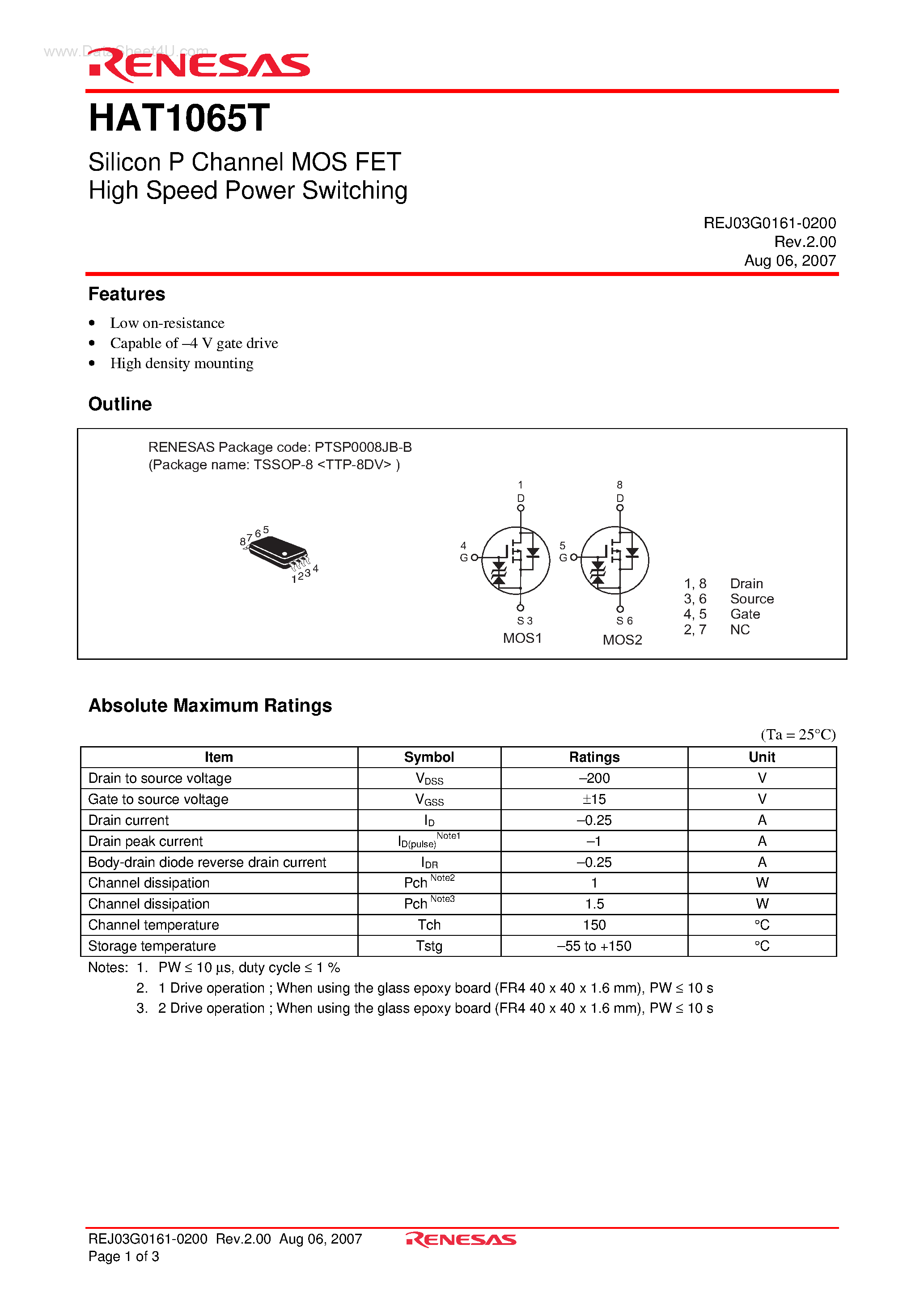 Datasheet HAT1065T - Silicon P Channel MOS FET High Speed Power Switching page 1
