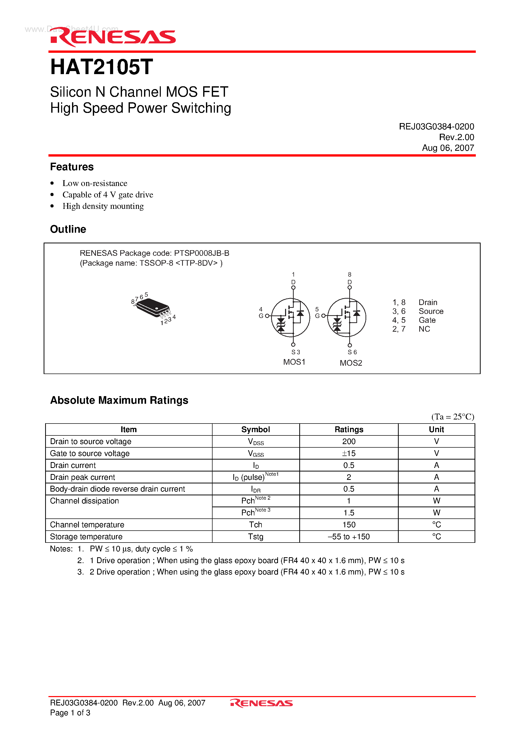 Datasheet HAT2105T - Silicon N Channel MOS FET High Speed Power Switching page 1
