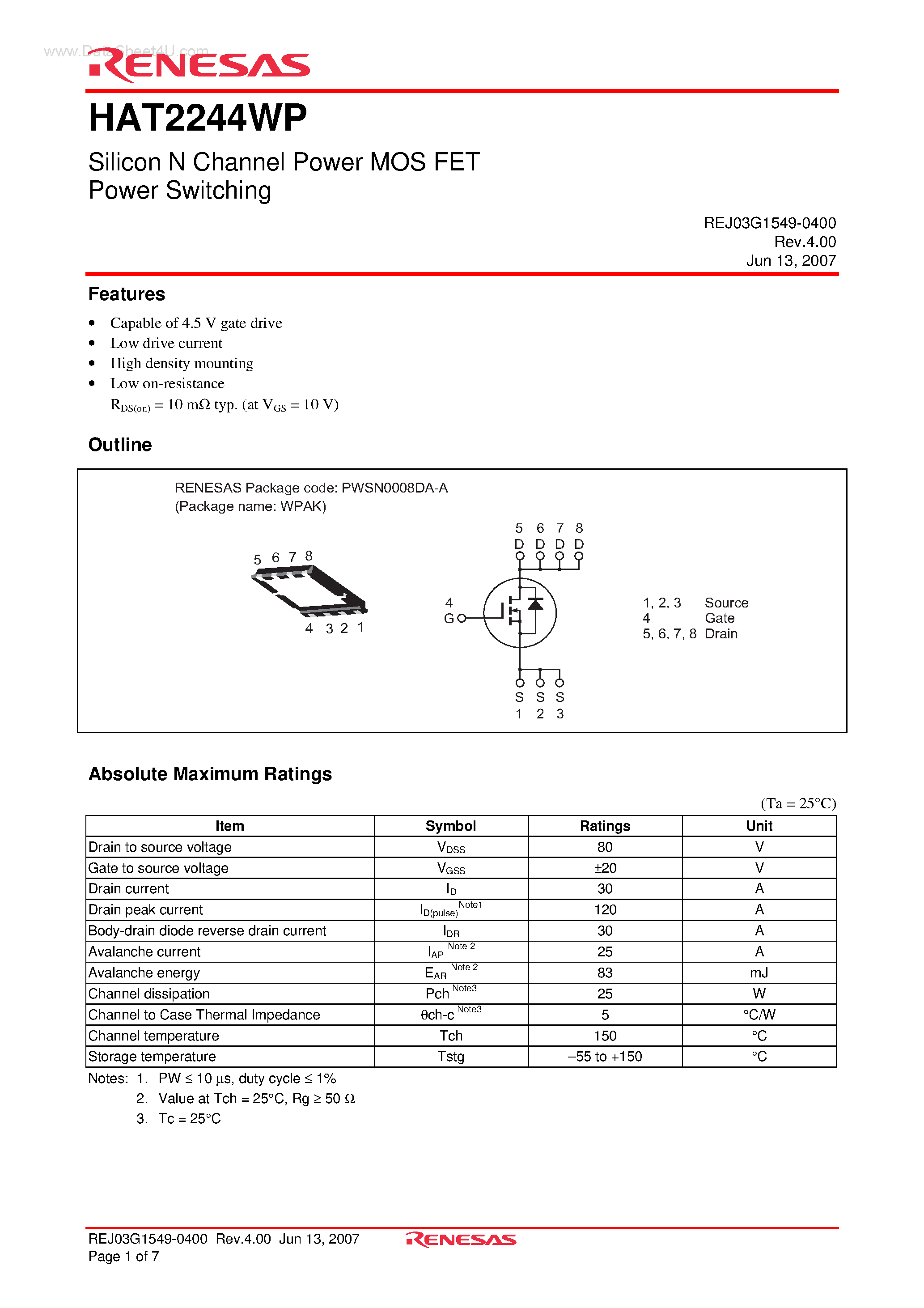 Datasheet HAT2244WP - Silicon N Channel Power MOS FET Power Switching page 1