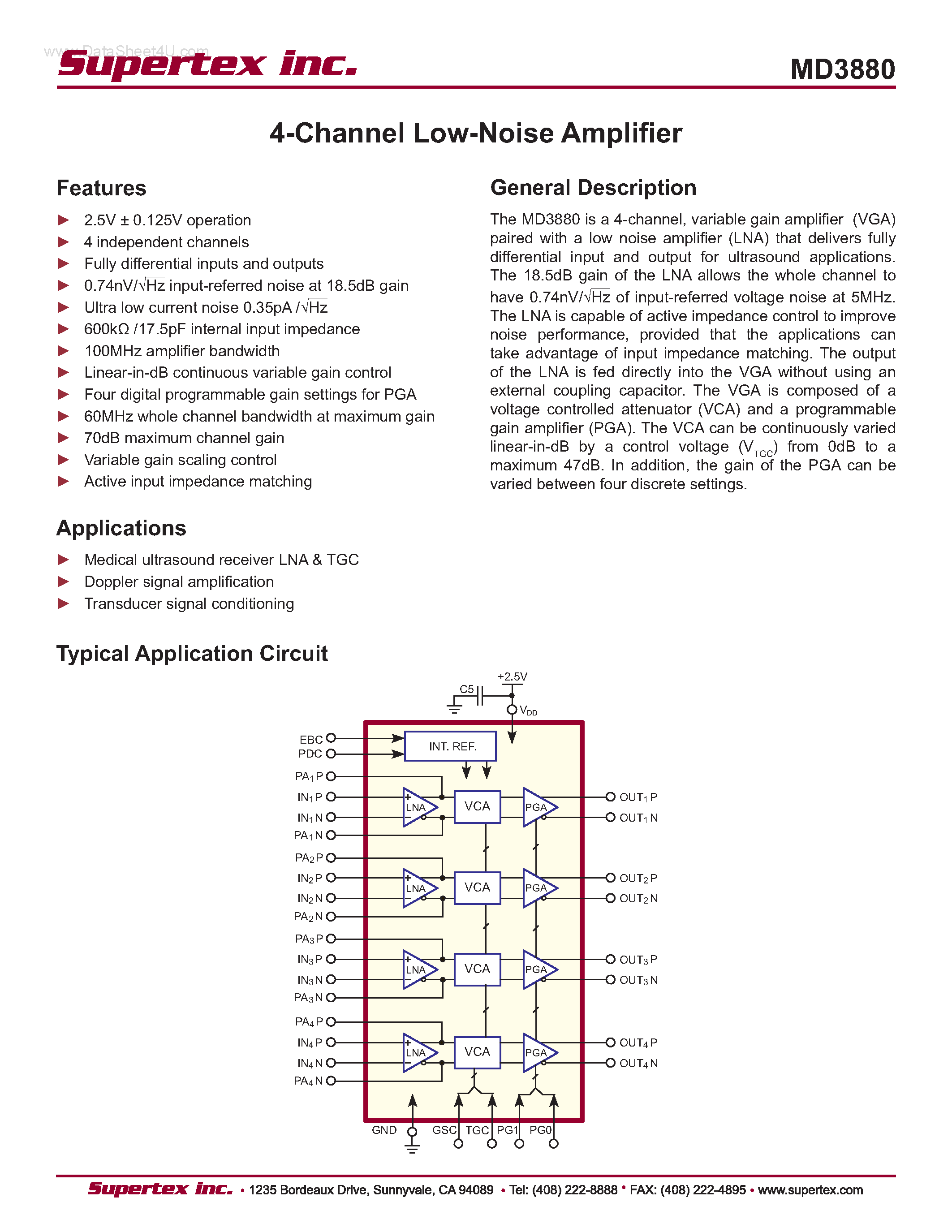 Datasheet MD3880 - 4-Channel Low-Noise Amplifier page 1