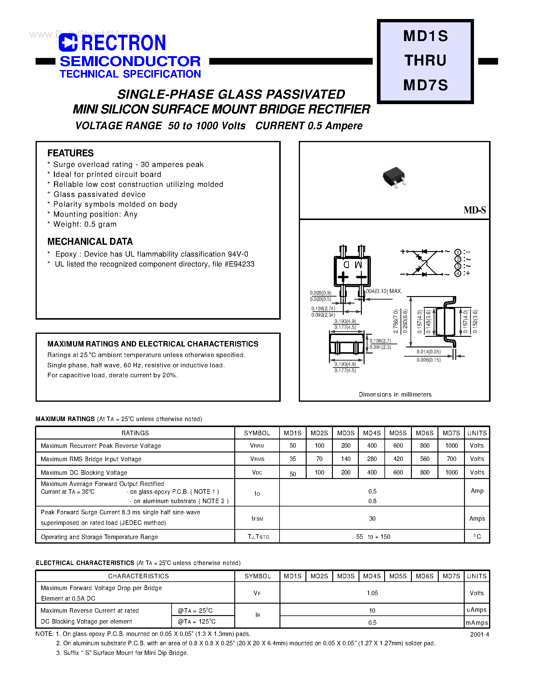 Даташит MD2S - SINGLE-PHASE GLASS PASSIVATED MINI SILICON SURFACE MOUNT BRIDGE RECTIFIER страница 1