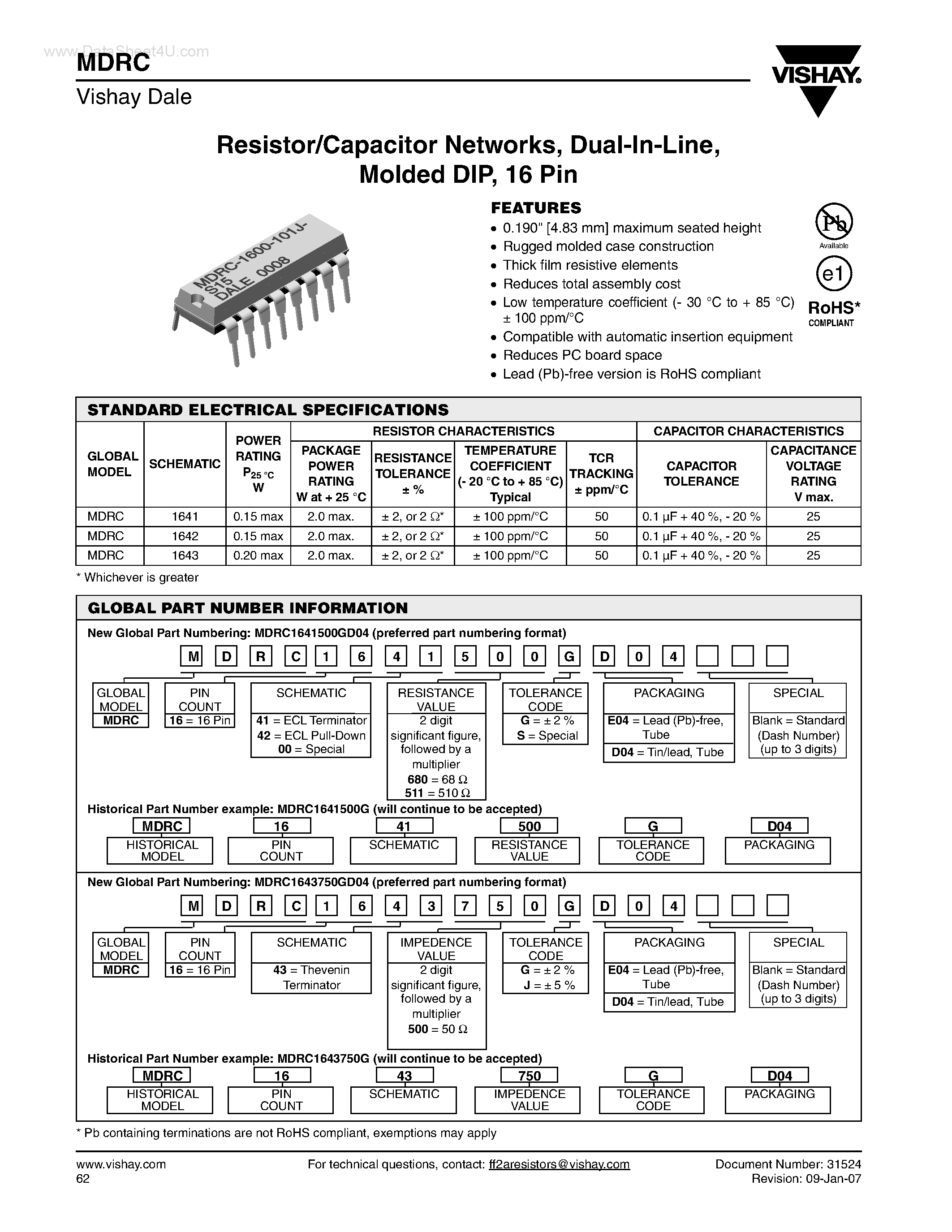 Datasheet MDRC page 1 Datasheet MDRC - Resistor/Capacitor Networks page 1
