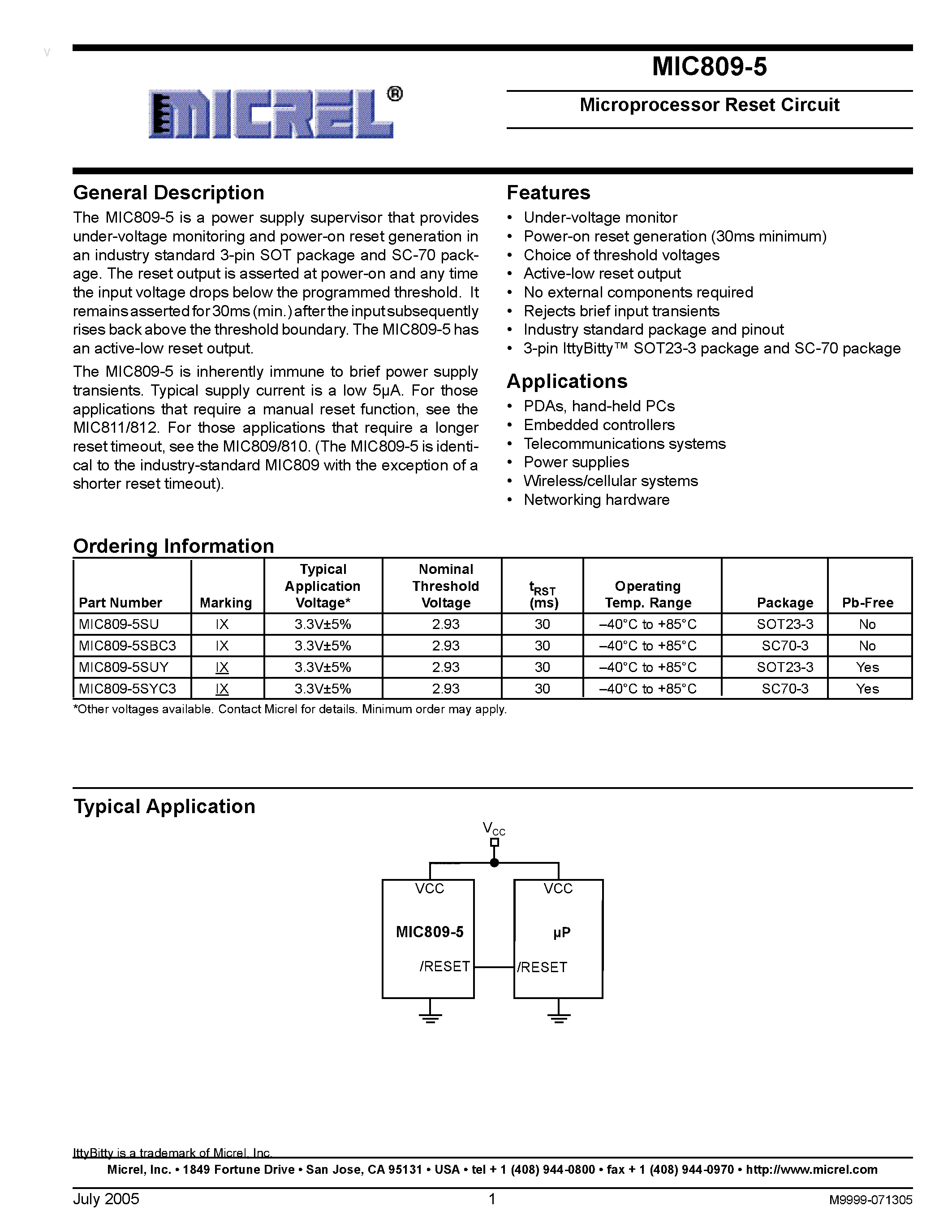 Datasheet MIC809-5 - Microprocessor Reset Circuit page 1
