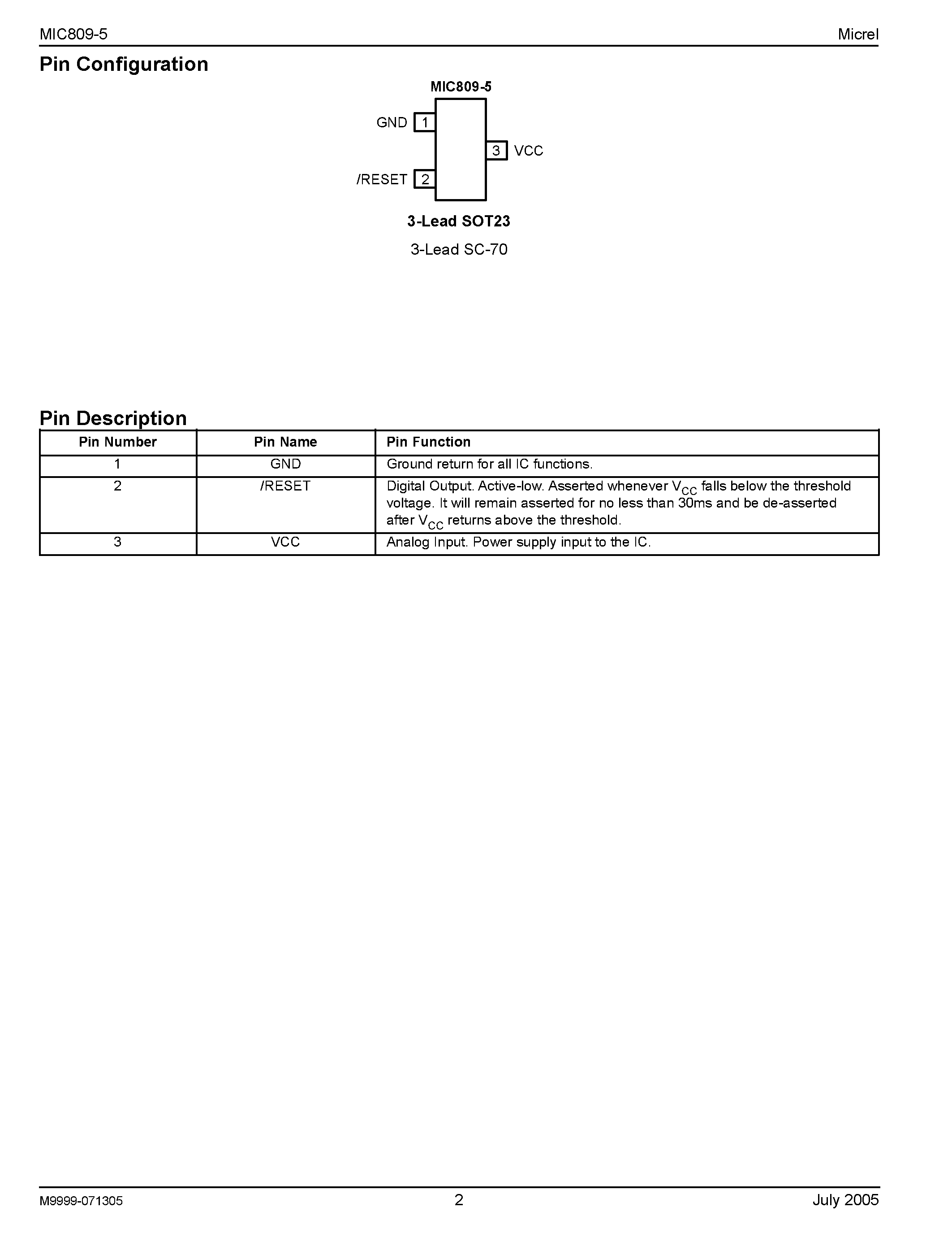 Datasheet MIC809-5 - Microprocessor Reset Circuit page 2