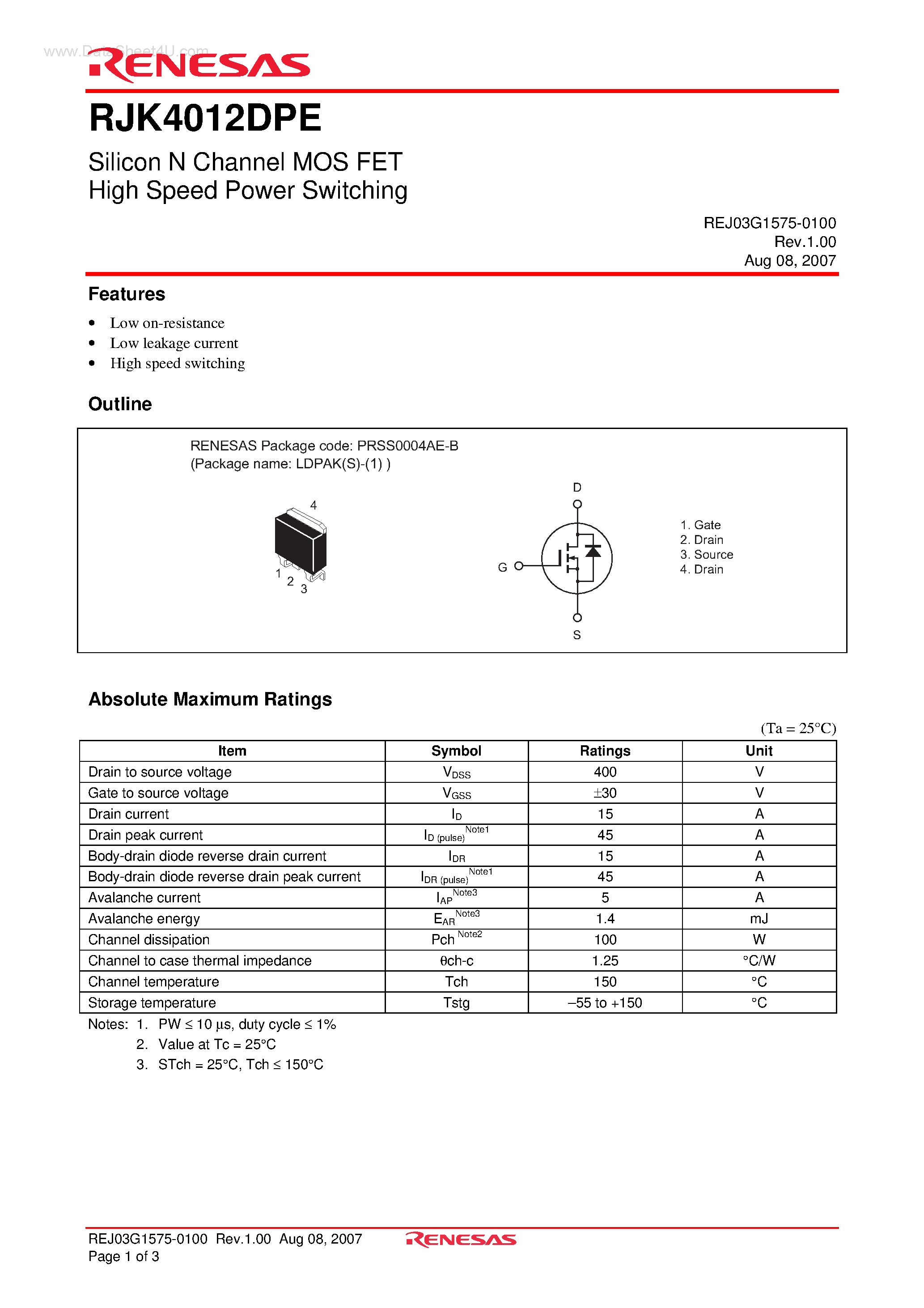 Даташит на микросхему RJK4012DPE страница 1 Даташит RJK4012DPE - Silicon N Channel MOS FET High Speed Power Switching страница 1