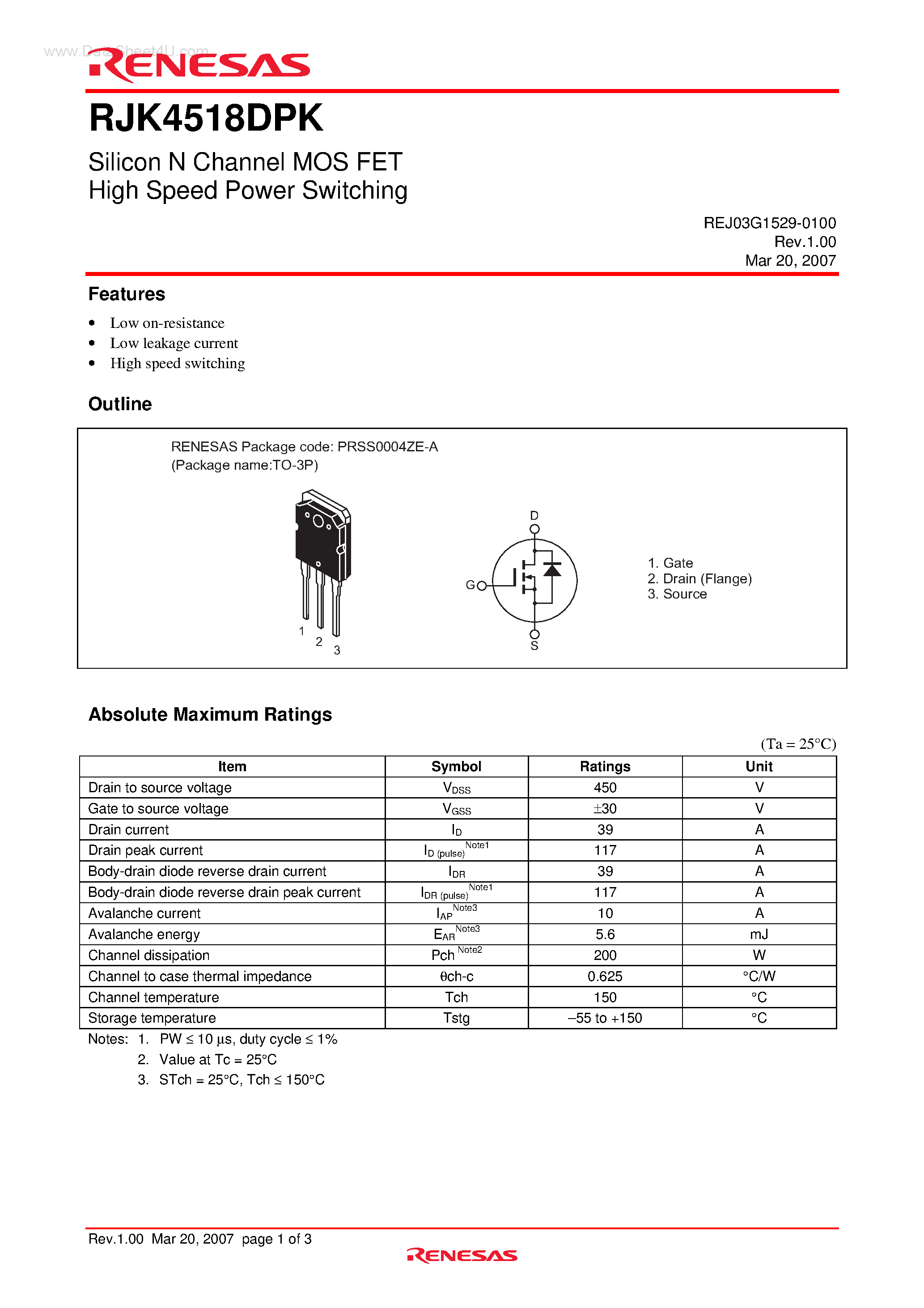 Даташит RJK4518DPK - Silicon N Channel MOS FET High Speed Power Switching страница 1