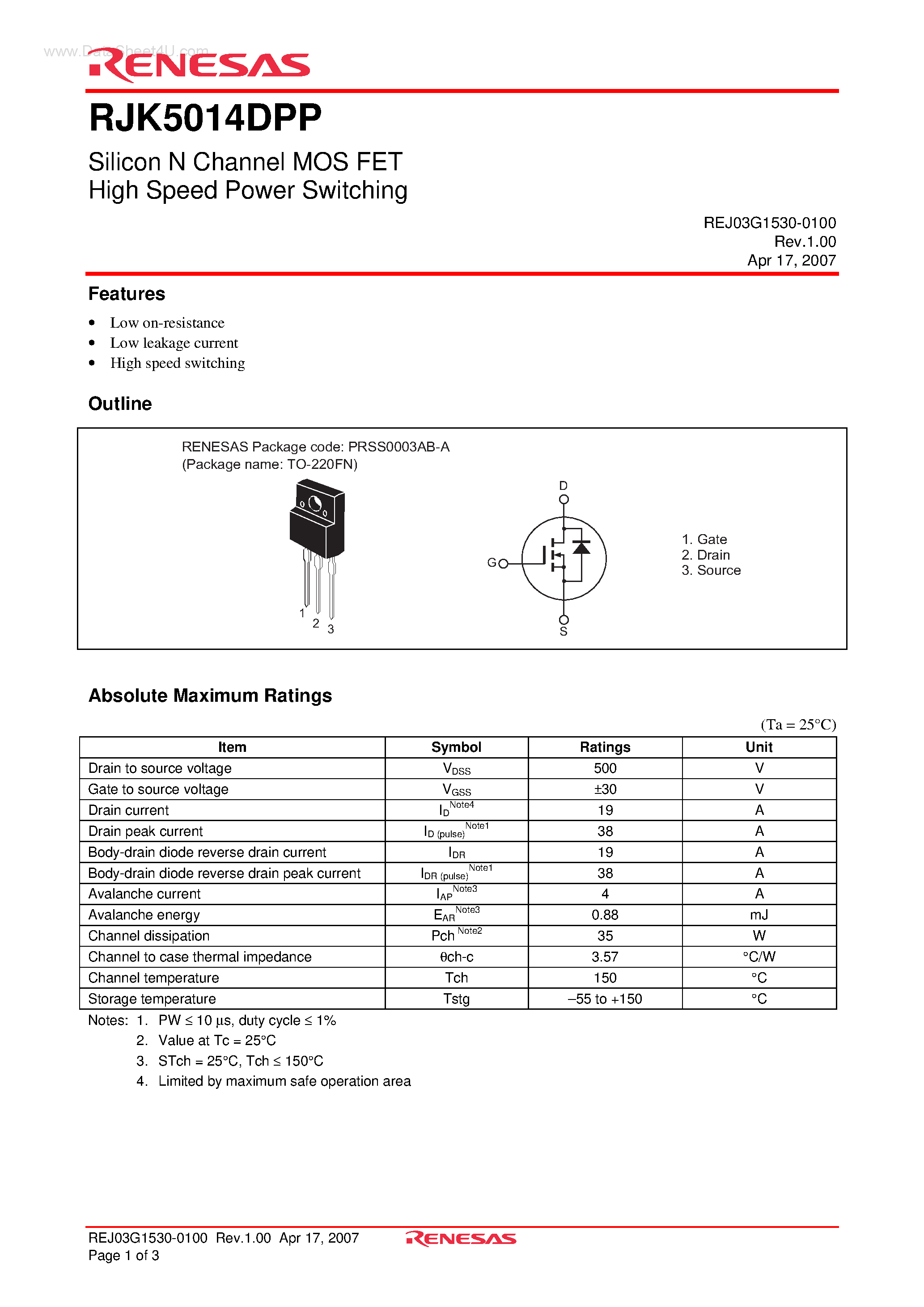Datasheet RJK5014DPP page 1 Datasheet RJK5014DPP - Silicon N Channel MOS FET High Speed Power Switching page 1
