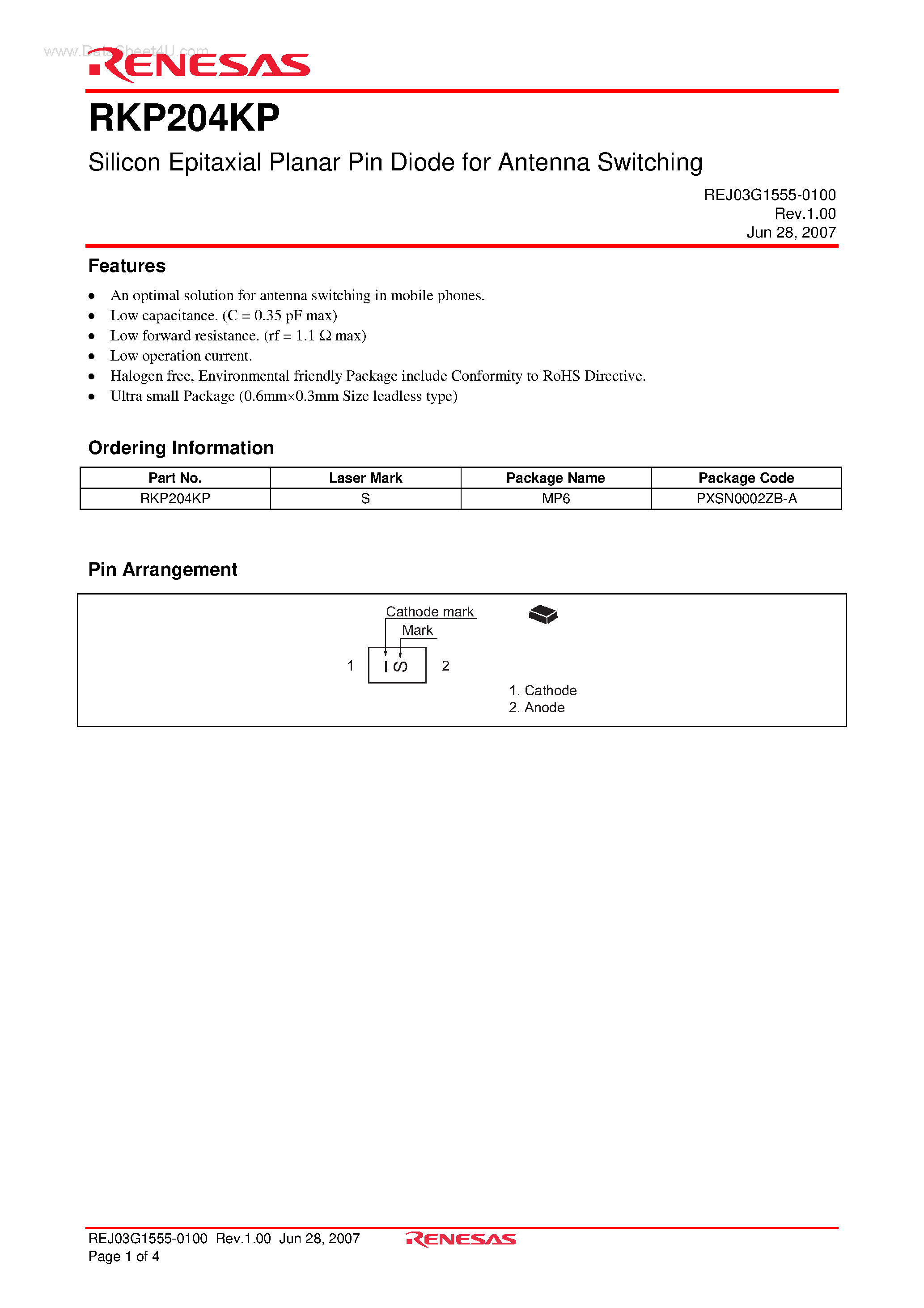 Datasheet RKP204KP page 1 Datasheet RKP204KP - Silicon Epitaxial Planar Pin Diode for Antenna Switching page 1