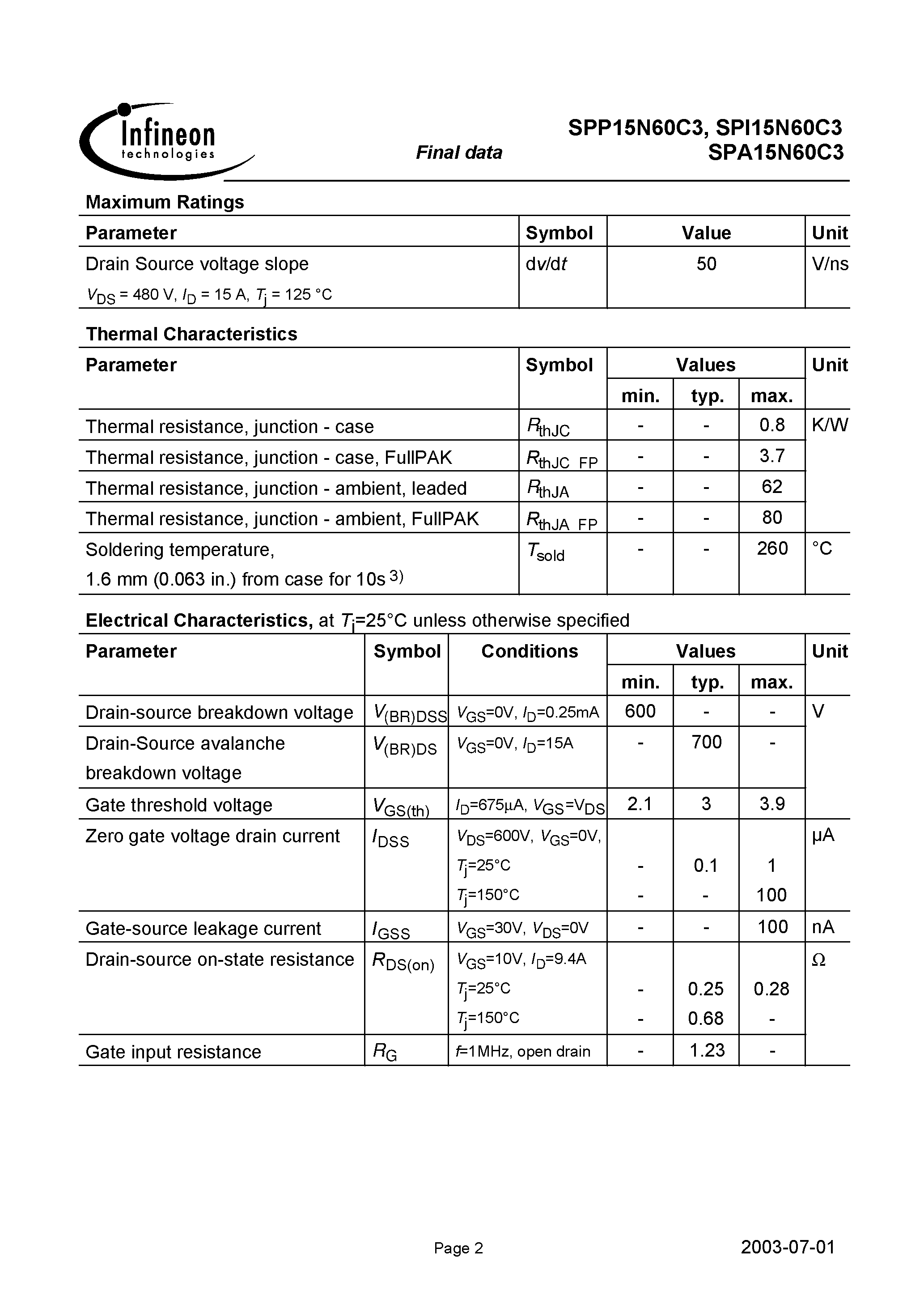 Даташит на микросхему SPI15N60C3 страница 2 Даташит SPI15N60C3 - Power Transistor страница 2