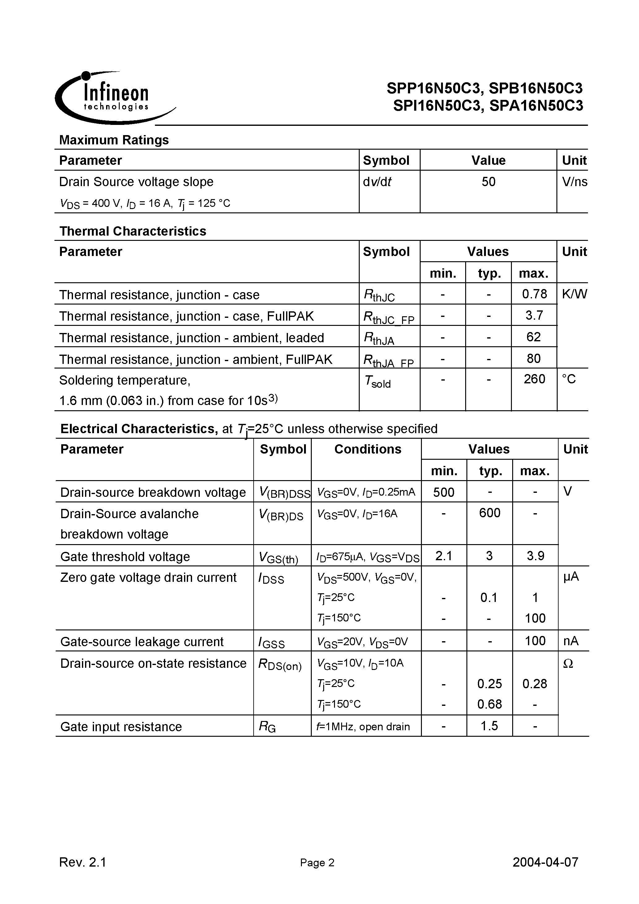 Даташит на микросхему SPI16N50C3 страница 2 Даташит SPI16N50C3 - Power Transistor страница 2