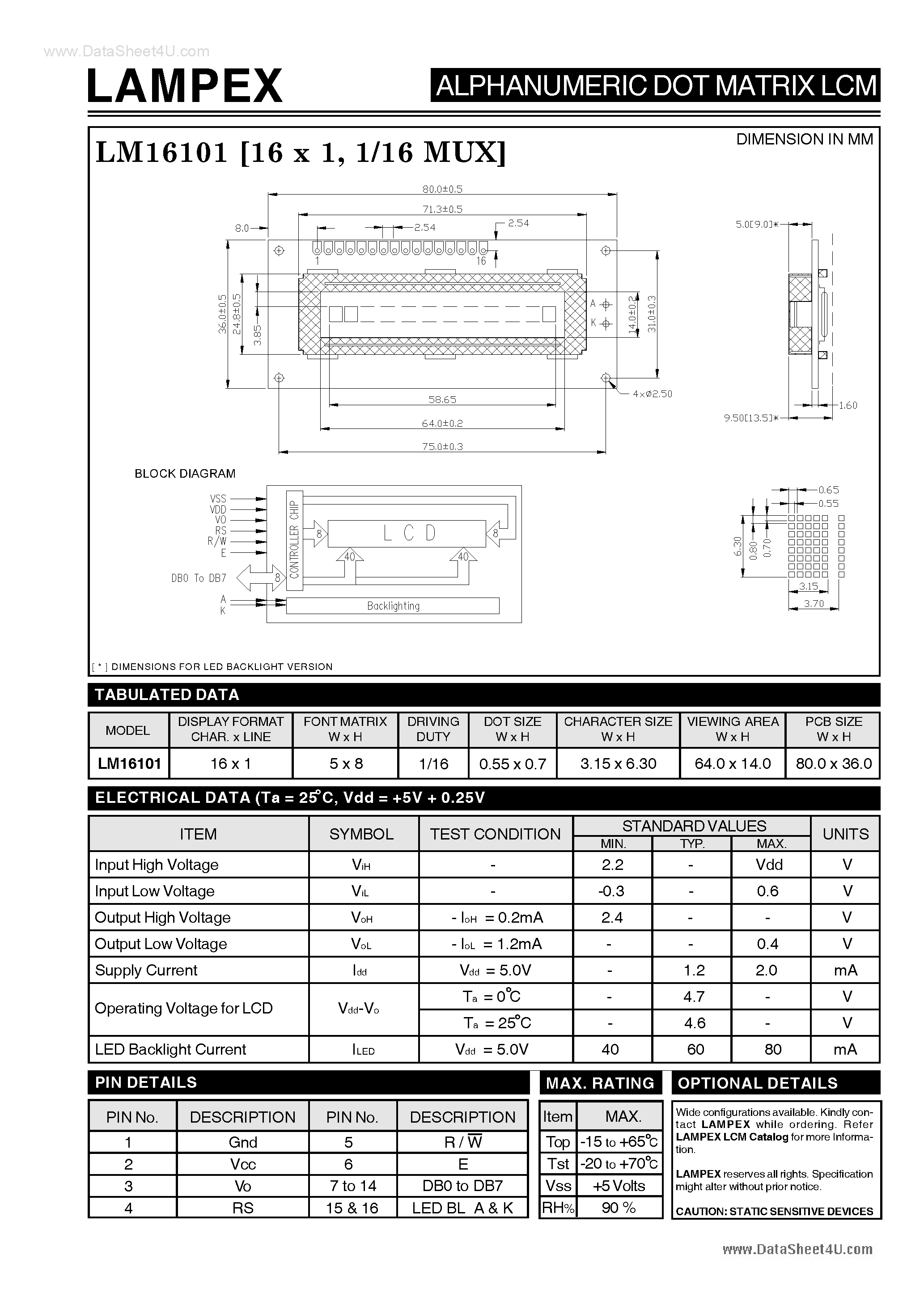 Даташит LM16101 - Dot Matrix LCM страница 1