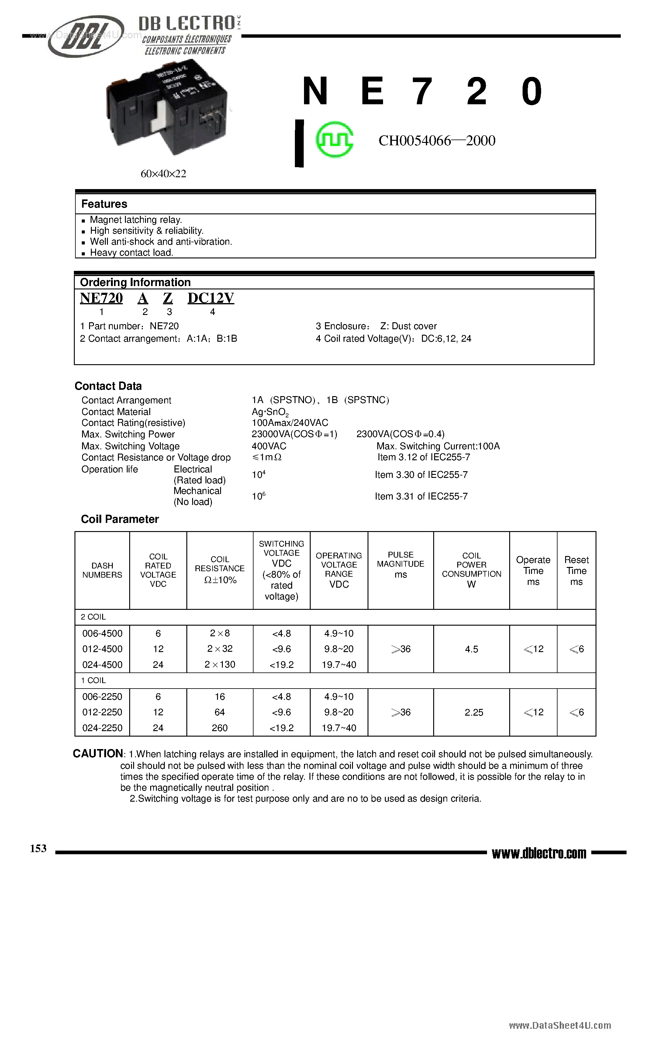 Даташит NE720 - Magnet latching relay страница 1